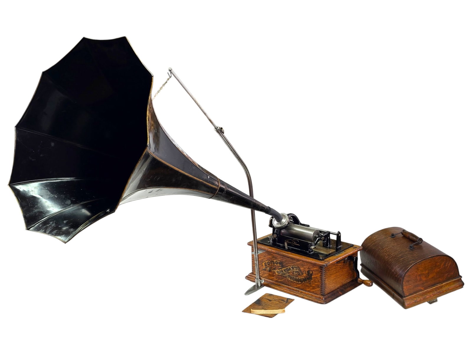 Edison Standard 2/4 Min Cylinder Phonograph: Antique cylinder phonograph housed in the original oak case with original graphics. The machine plays well for its age and retains the character expected from an early p