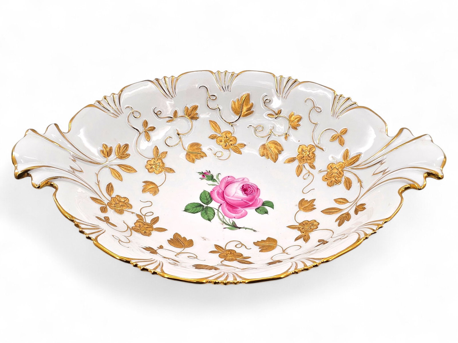Meissen Relief Gilt Rose Porcelain Serving Tray c. 1924: Meissen porcelain square serving tray, finely painted with a central pink rose surrounded by raised gilt flowers and leaves. Mark in cobalt on underside indicating it was made c.1924. Applied sticker