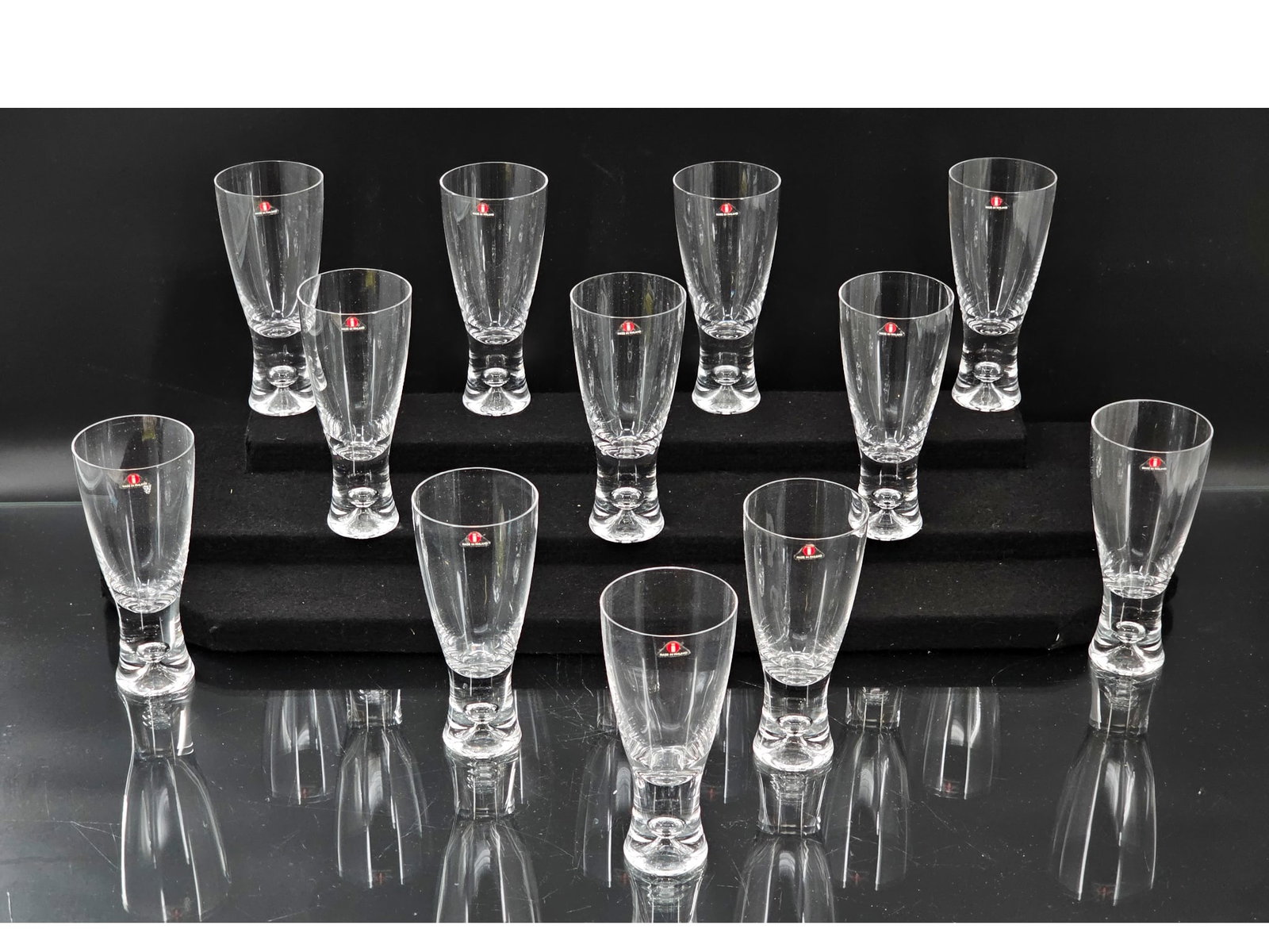 Set 12 Bubble Glasses by Tapio Wirkkala for Iittala Finland - 6.75"T: This lot includes a set of 12 vintage Mid-20th century bubble glasses designed by Tapio Wirkkala for Iittala in Finland. The st has been in storage in the original boxes since the 1970s! The glasses t