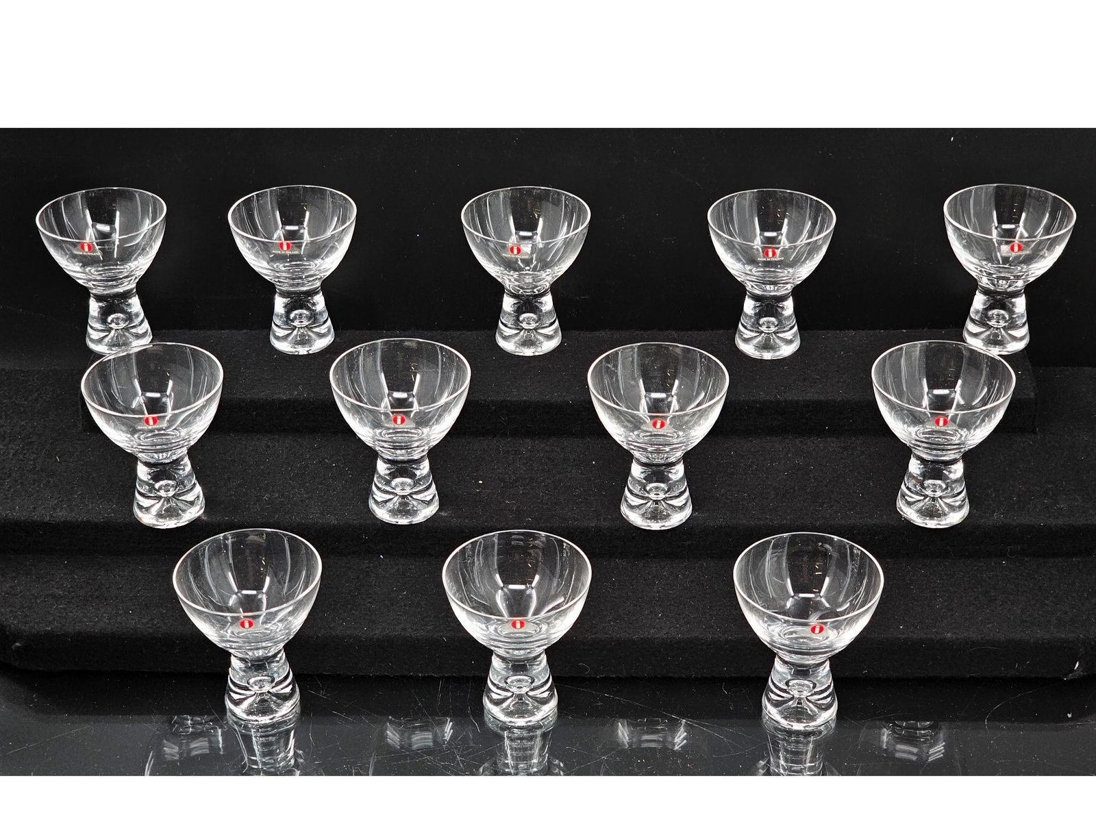 Set 12 Bubble Glasses by Tapio Wirkkala for Iittala Finland - 3.25"T: This lot includes a set of 12 vintage Mid-20th century bubble glasses designed by Tapio Wirkkala for Iittala in Finland. The st has been in storage in the original boxes since the 1970s! The glasses t