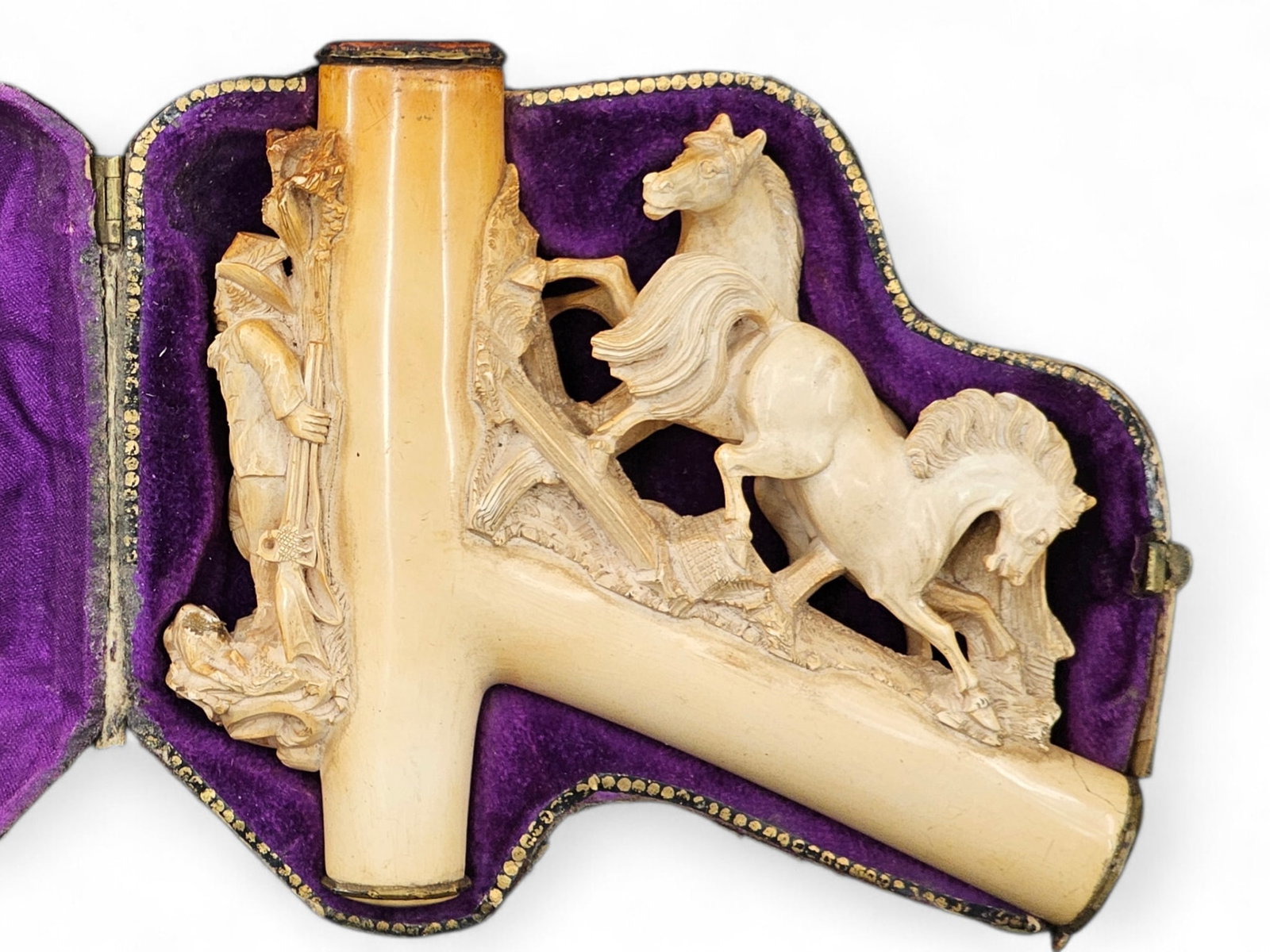 Antique Meerschaum Carved Horses Pipe Head: Ornately carved meerschaum tobacco smoking pipe with two horses and a figure. Pipe is in a case and does not have a mouthpiece. Wear consistent with age and use including discoloration and surface wea