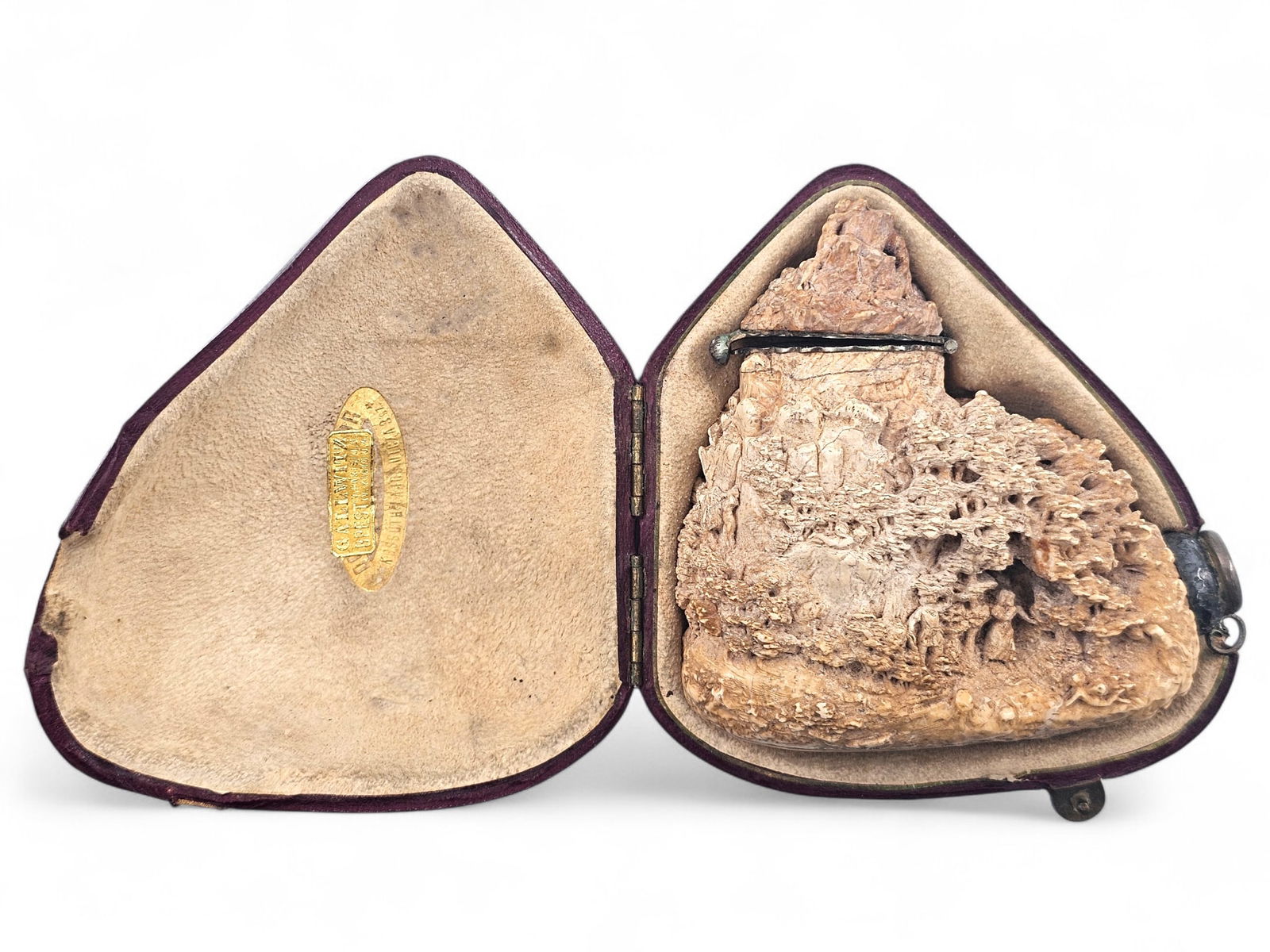 Unique Carved Mountain Village Meerschaum Pipe Bowl: Carved meerschaum tobacco smoking pipe bowl with hinged lid. Delicately and intricately carved and features metal accents and is fitted in a case. Does not include mouthpiece/end. Wear consistent with