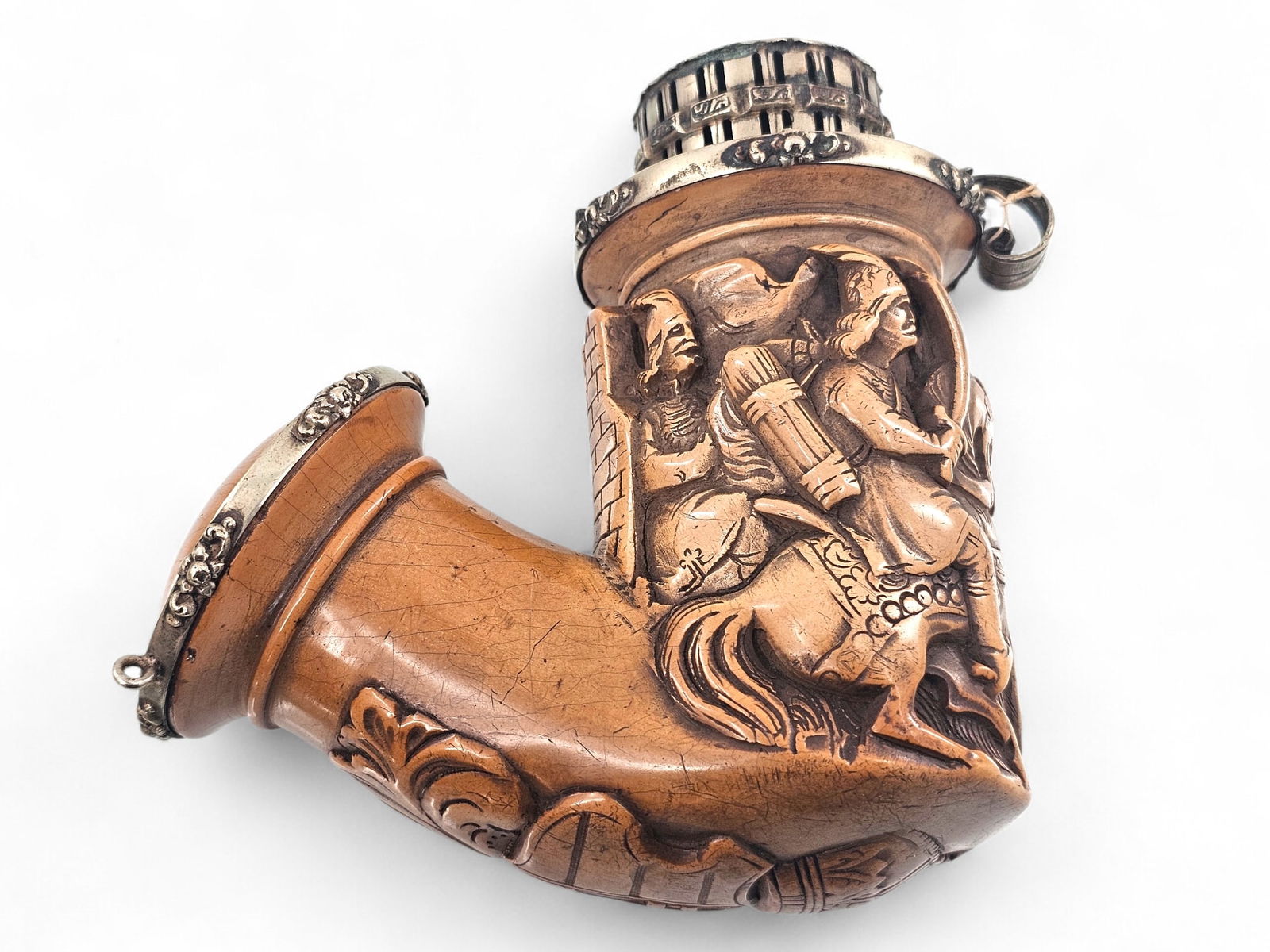 19th C. Carved German Meerschaum Pipe Bowl: Carved meerschaum tobacco smoking pipe with figures on horses and an emblem w/ a shield and crown. Features decorative metal ends. Does not include mouthpiece/end or case. Wear consistent with age and