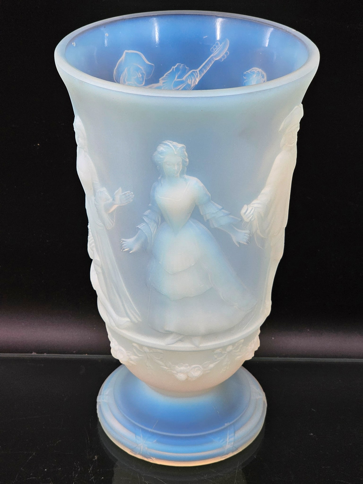 Large Opalescent French Art Glass Vase w/ Dancing Figures 11.5" T: Opalescent glass vase with a relief decorations featuring relief decorations with figures dancing and playing music. Marked "Made in France" on underside. Wear consistent with age and use with no nota