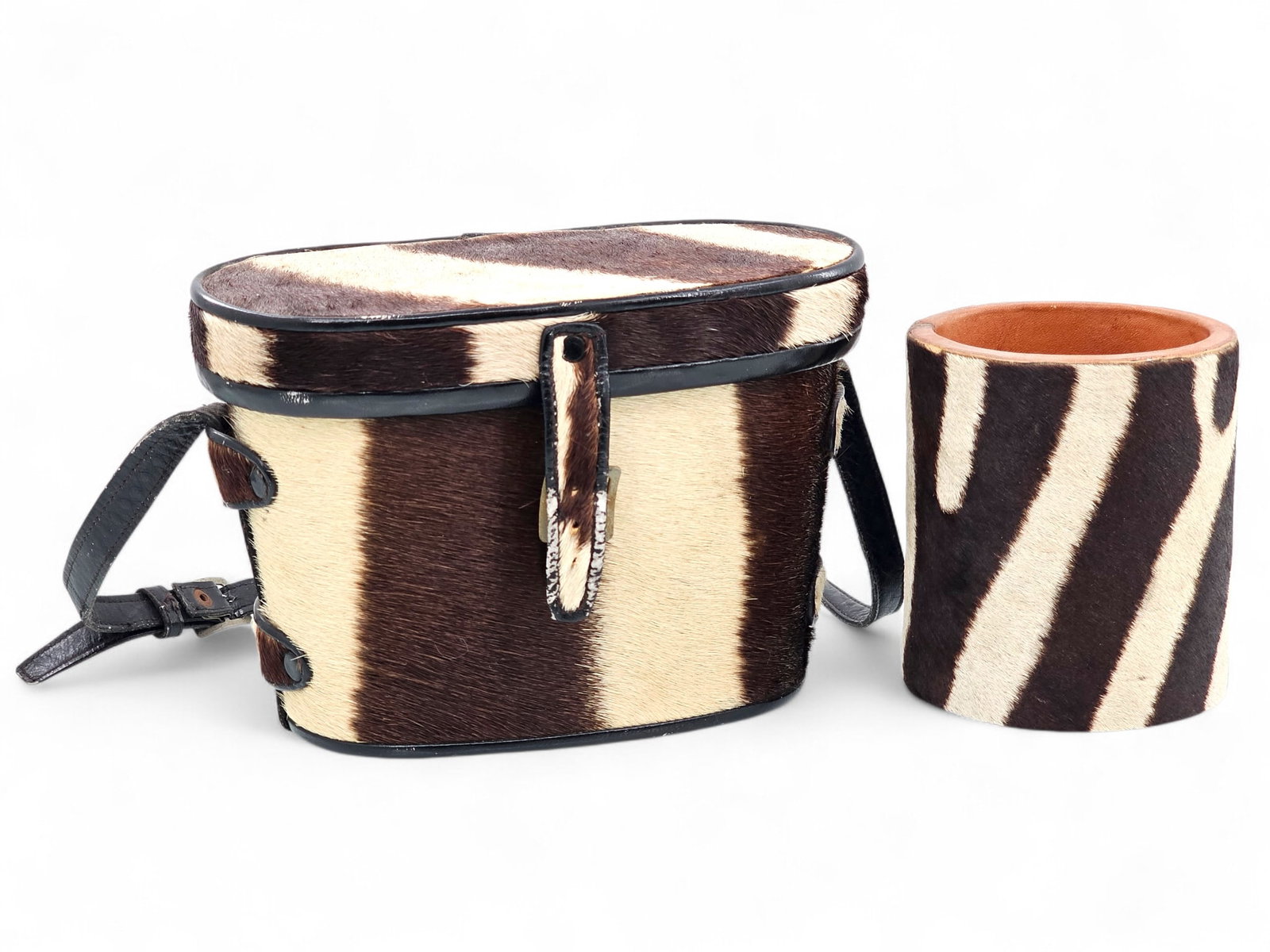(2pc) Vintage Authentic Zebra Hide Binocular Case & Pencil Holder: Both pieces are lined in authentic Zebra hide, see lot photos for more details on the overall contents and condition of this lot. 