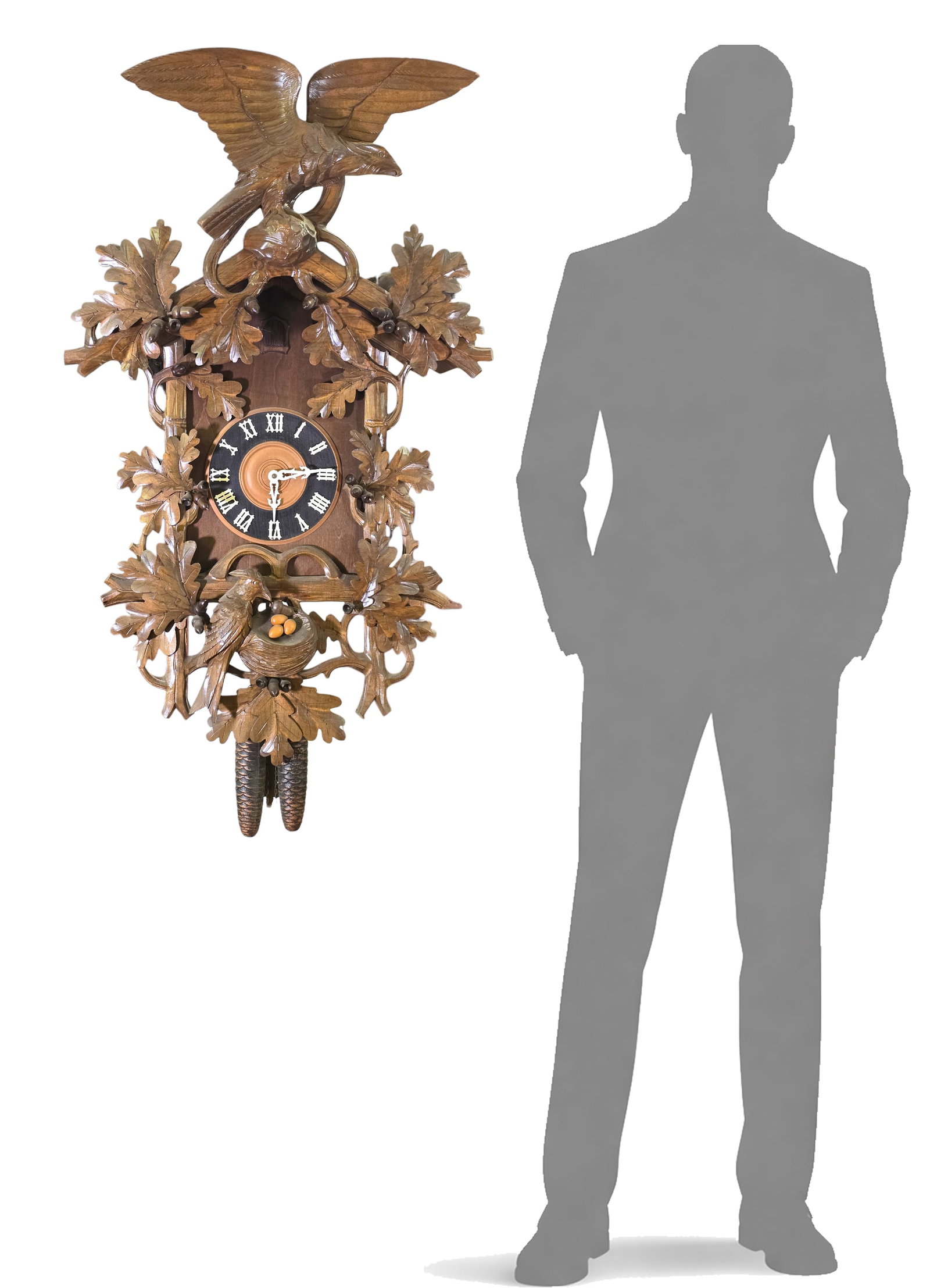 Monumental 40"T Black Forest Carved Walnut Cuckoo Wall Clock - 2