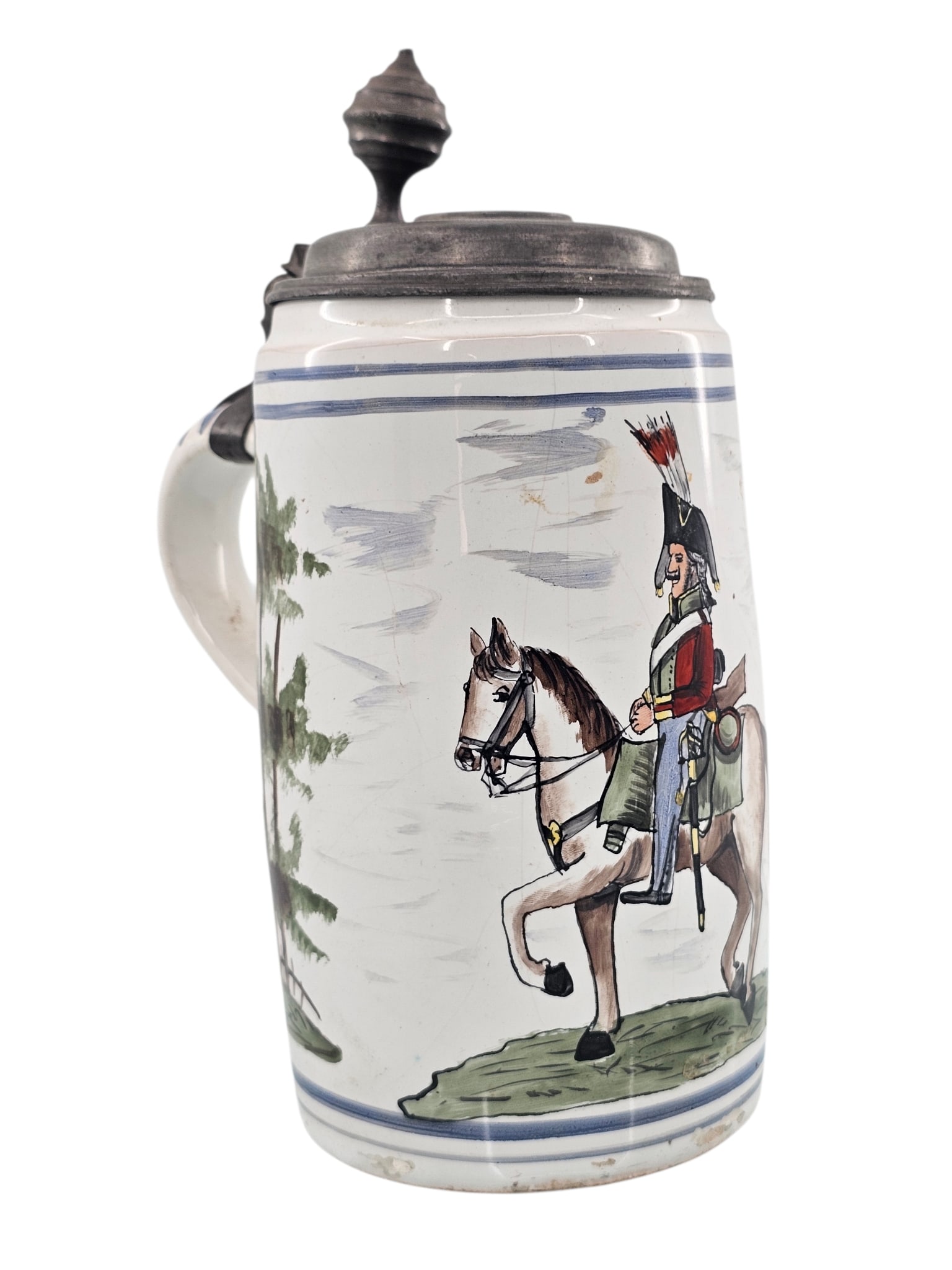 Hand Painted Porcelain Beer Stein W/ Soldier on Horseback: Hand painted porcelain beer stein featuring a soldier on horseback.The stein has a pewter lid and is marked "W" on underside. Wear consistent with age and use including surface wear and oxidation to m