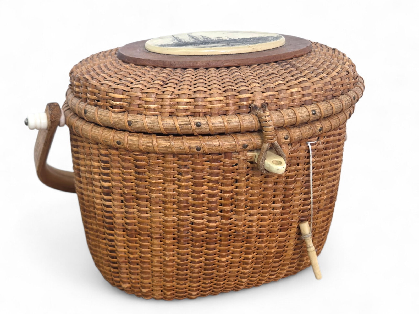Vintage Barlow Nantucket Basket Purse - Signed: Nantucket basket purse with handle and scrimshaw style engraved ship scene on lid. Signed Barlow on underside. Wear consistent with age and use including surface wear. See photos for more details and