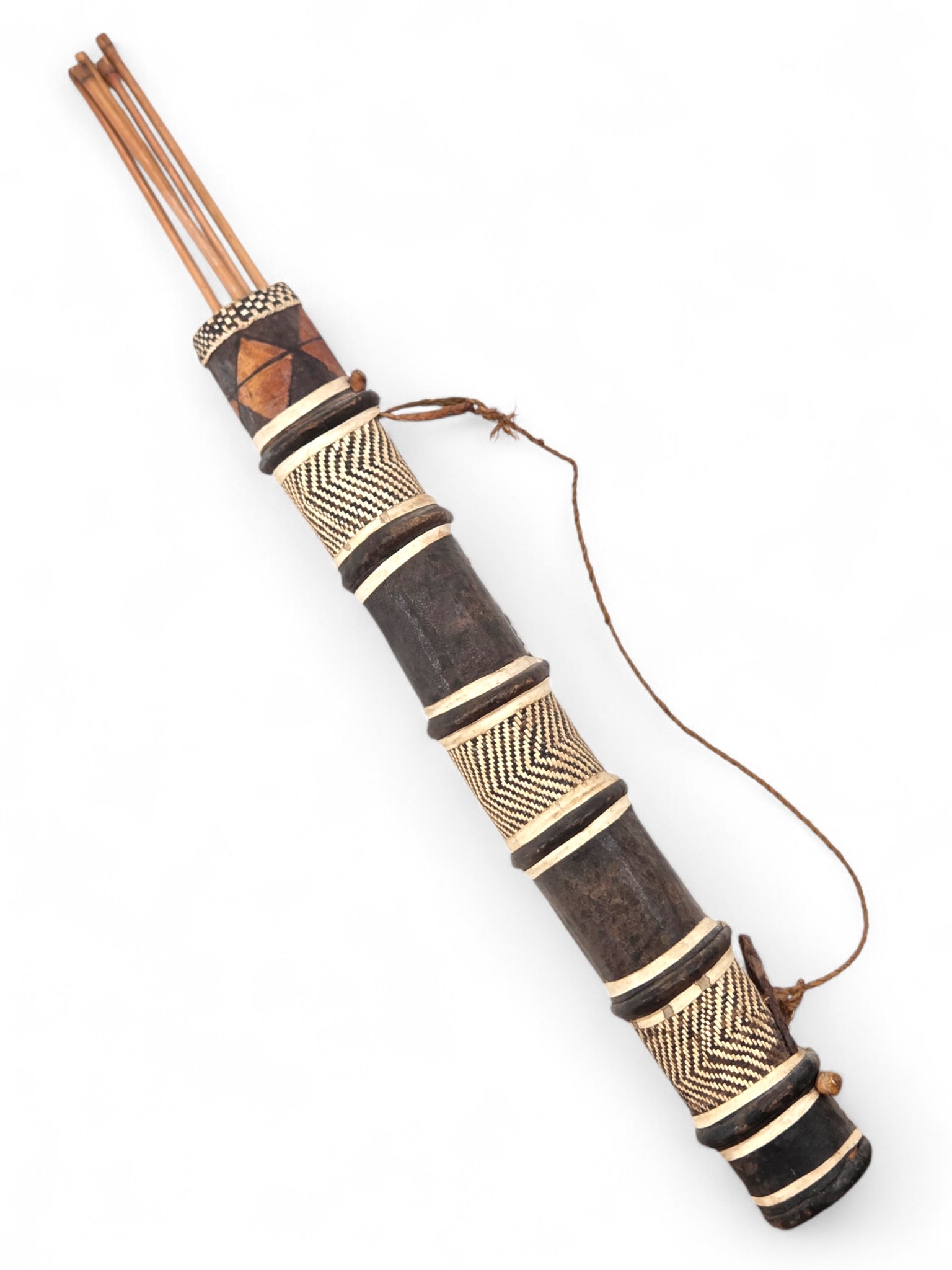 African Bushman Quiver & Arrows: African Bushman quiver with multicolor geometric decorations made from woven leather and natural materials. Also includes arrows with metal points. Wear consistent with age and use including some surf