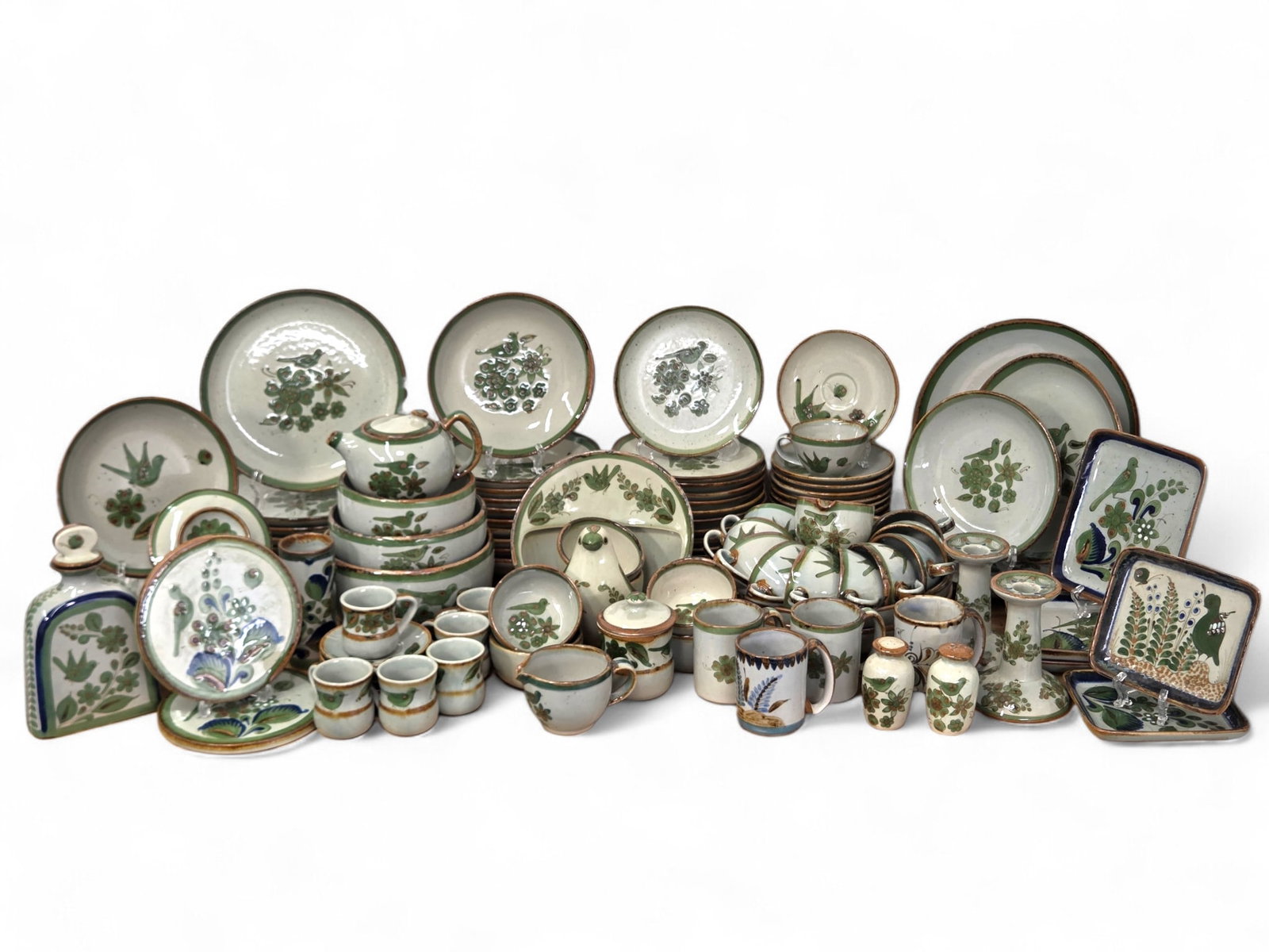 Monumental Collection of Ken Edwards El Palomar Pottery: Large Collection of Ken Edwards Mexican stoneware art pottery pieces, many in the "El Palomar" pattern. Pieces are signed/marked with various symbols such as a scorpion, a spider, and a bird and some