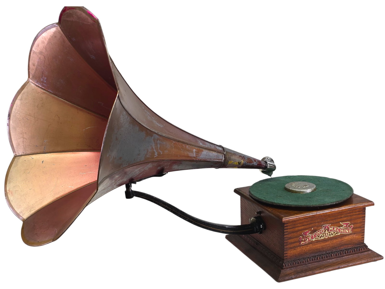 Antique "The Aretino Machine" Disk Phonograph Front Mount Horn: Antique cylinder phonograph housed in a polished oak case retaining its original applied graphic. The machine includes a red painted morning glory horn. The motor turns