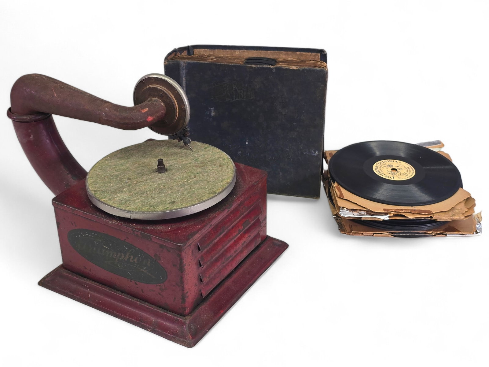 Triumphon Childs Phonograph w/ Box of Little Wonder Records (1 of 8)