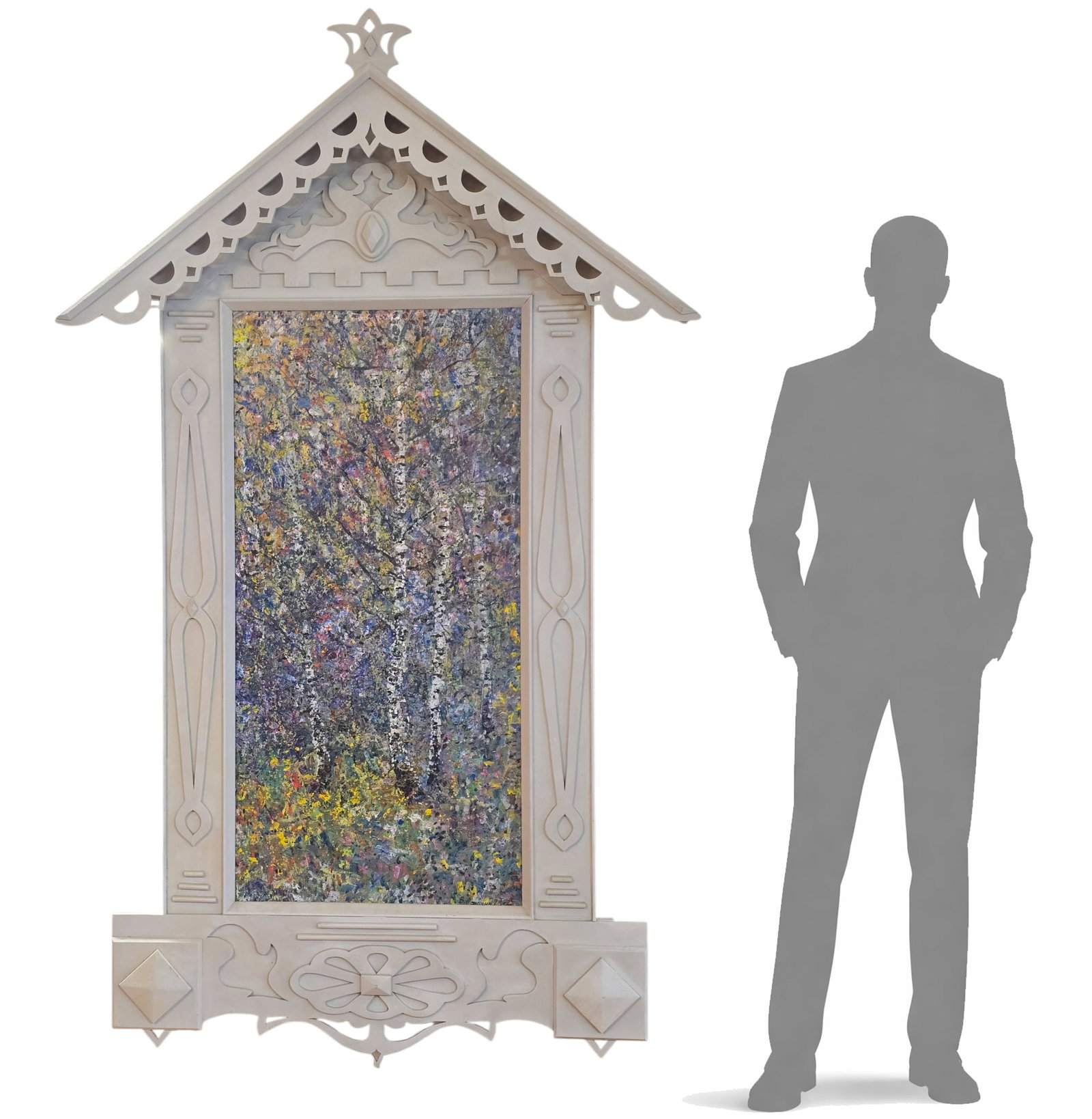 Monumental Oil Painting by Vladimir Afonin (USSR/Russia, 1940-2021): Large abstract oil painting by Vladimir Afonin with a beautiful cathedral arch shaped frame. Signed lower left in Cyrillic lettering. Appears to also be dated "73" next to signature. Wear consistent w