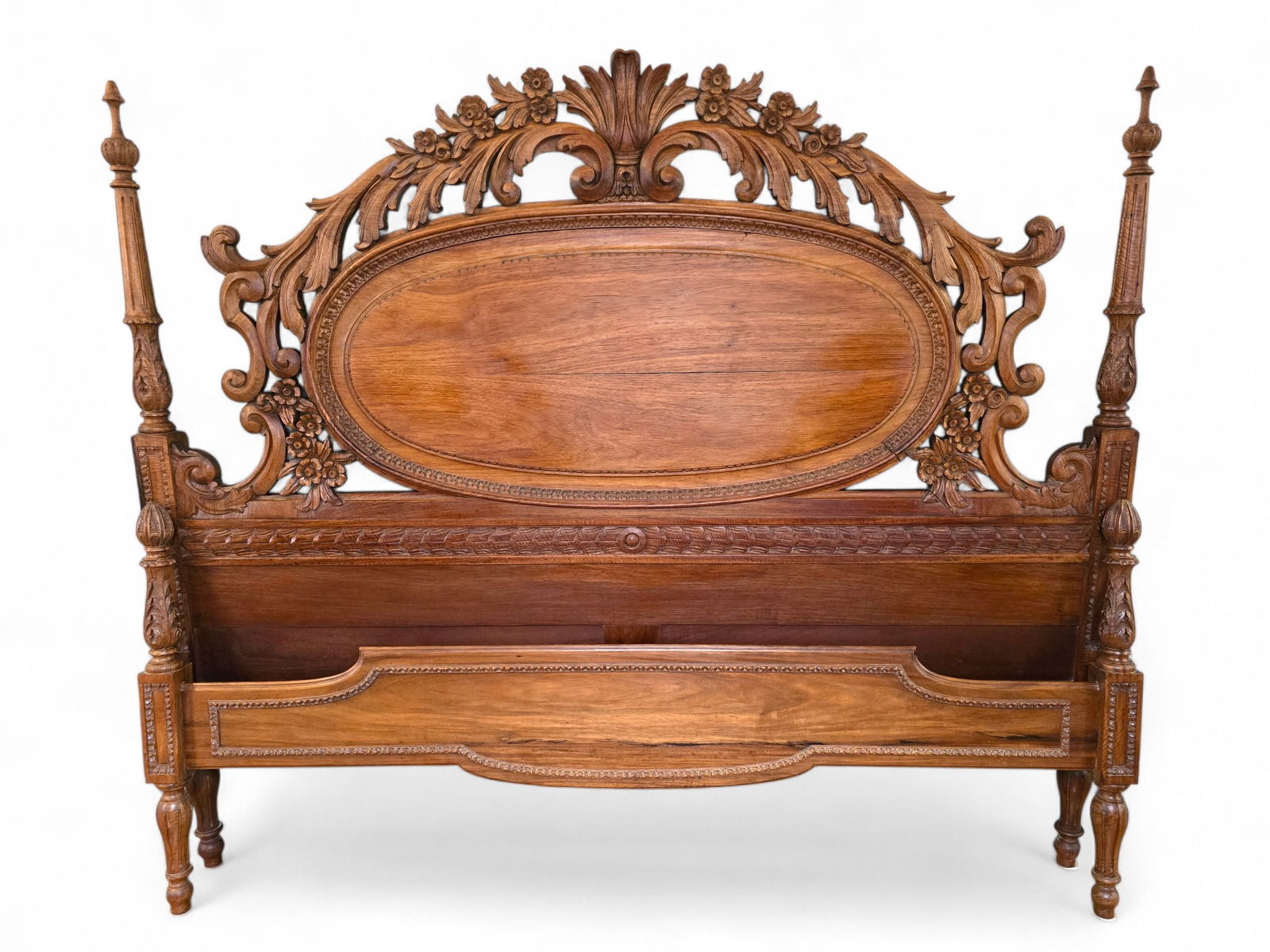 Antique Louis XVI Style Walnut Queen Sized Bed Frame: The bed frame is in good overall used antique condition, showing finish ware as expected with age and use. Only including the headboard and footboard no runners. The piece is covered in applied wood c