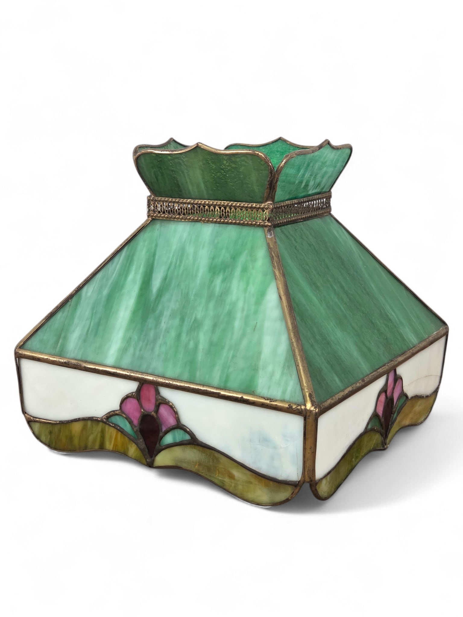 Vintage Leaded Slag Glass Lamp Shade: Square leaded glass lampshade with beautiful green slag glass and pink flower designs. Item does not appear to be signed or marked. Two notable crack lines to lamp in one corner, but glass still remai