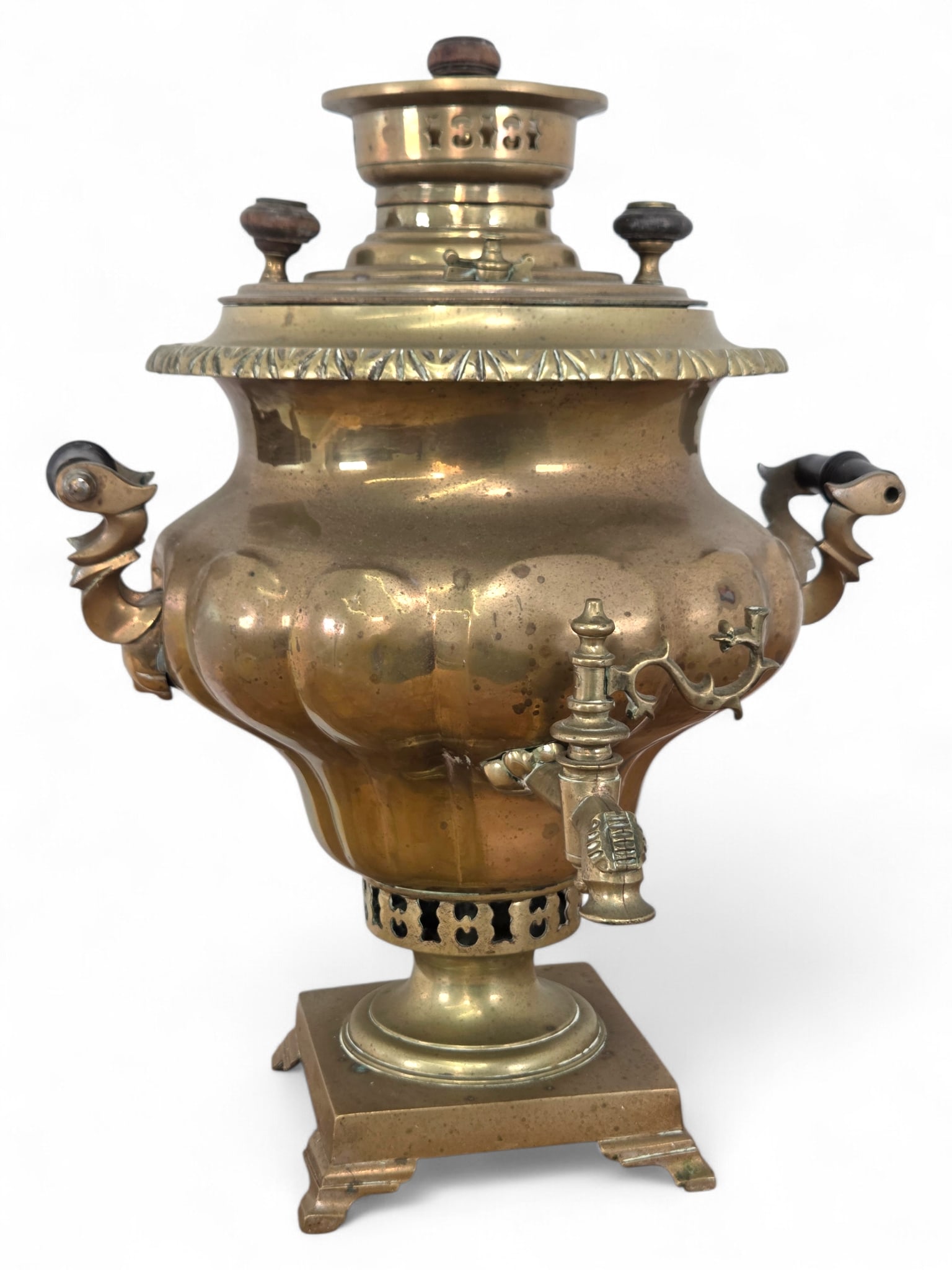 Antique Russian Brass Samovar w/ Maker's Mark- 19" T: 19th C. Russian brass samovar in traditional urn form with paneled/fluted design. Features double scrolled handles on each side with turned dark wood grip. Makers mark on top of body. Also features pi