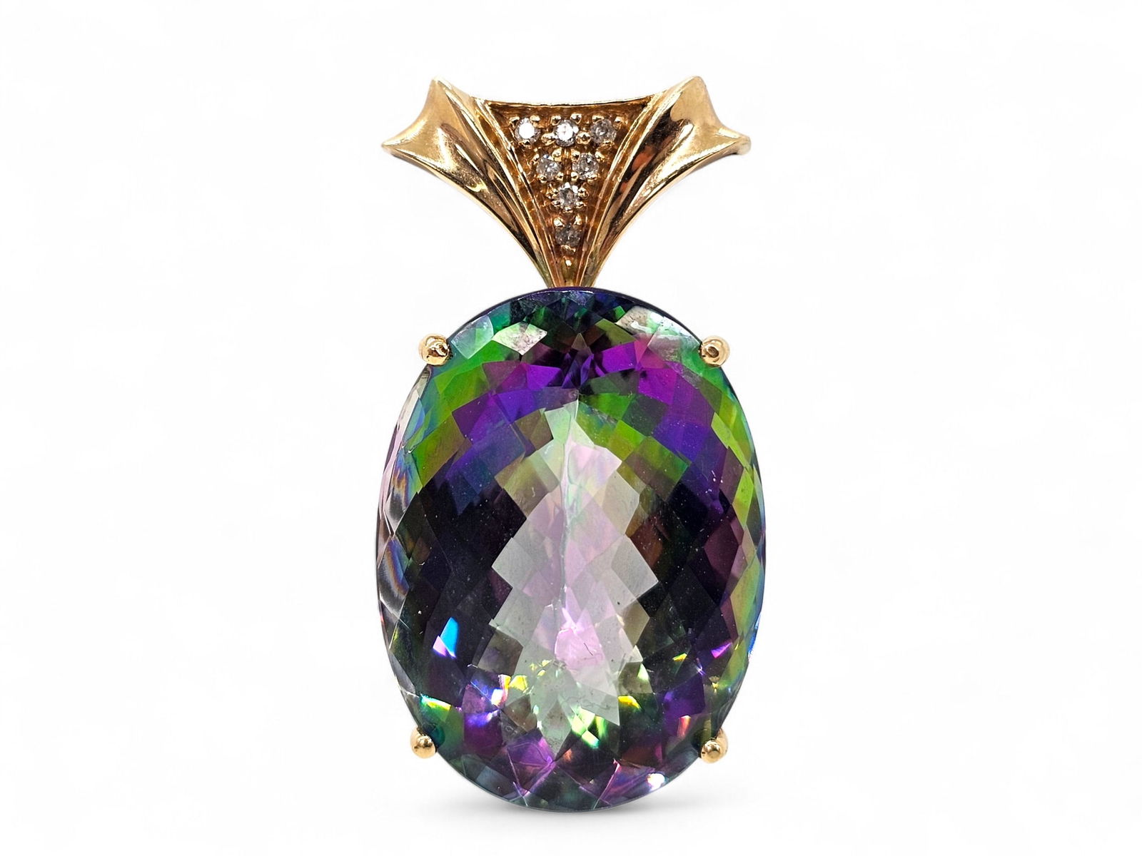 14K Yellow Gold Large Mystic Topaz & Diamond Pendant: Details: Large statement 14K yellow gold, mystic topaz, and diamond pendant. Oval fancy cut mystic topaz and 7 diamond set in a 14K yellow gold mounting. Marked 14K and also appears to have makers mar