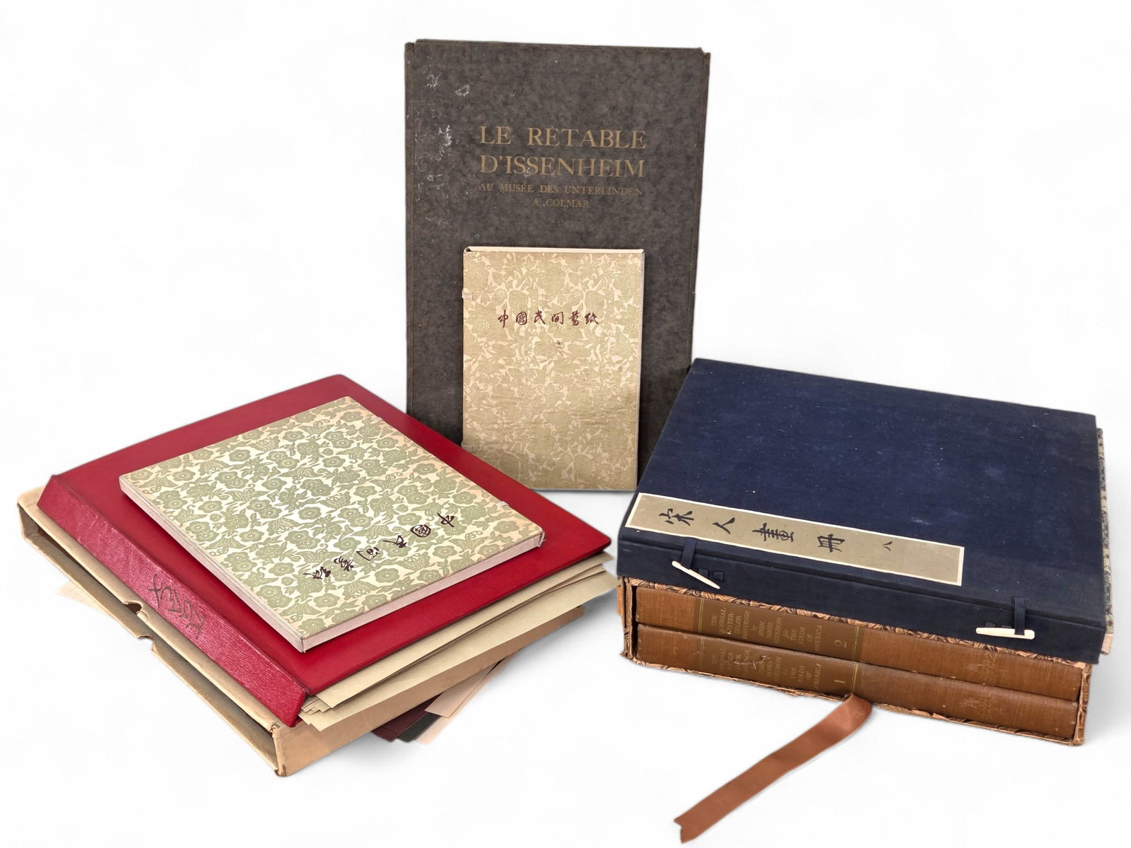 Grouping of Folk Art Prints & Art Books - Soviet & Oriental: This lot includes 4 bound books/sleeves with artworks/prints in them, appearing to be Soviet Russian and Asian folk art and prints. It also includes a two volume set of The Original Water Color Painti