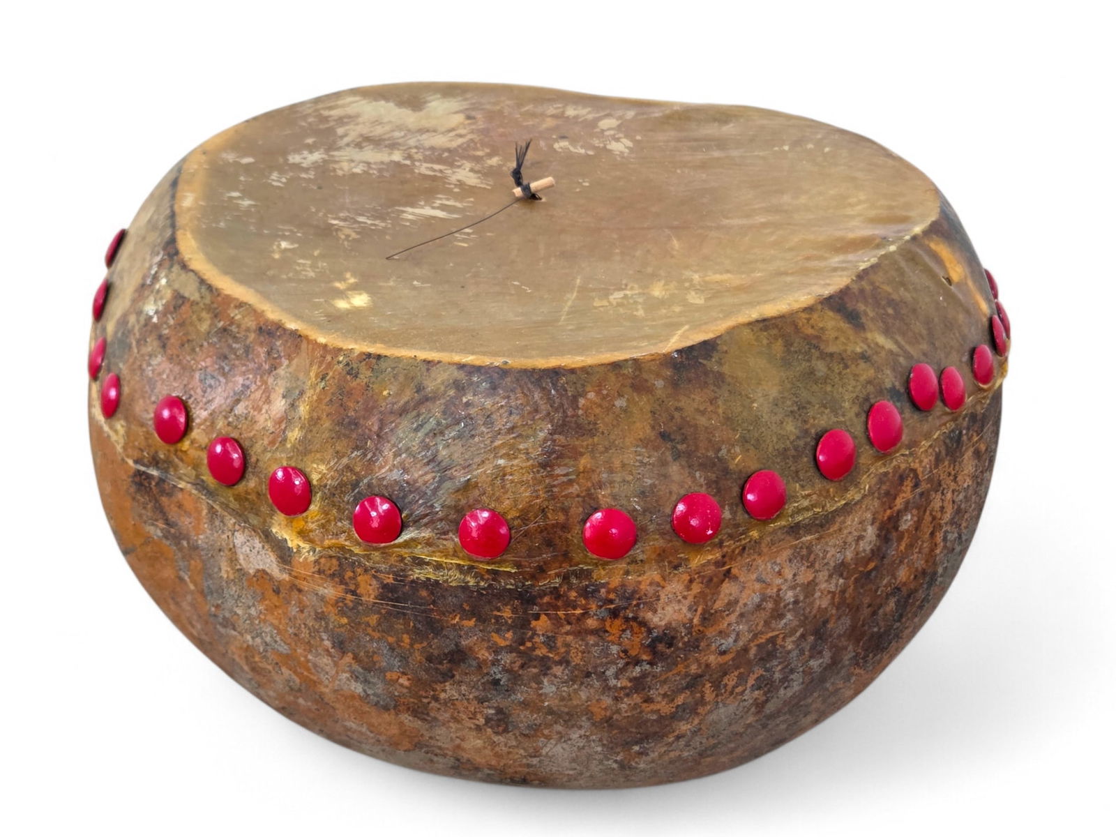 Tribal Style Gourd Drum: Tribal style dried gourd drum with hide or intestine stretched and decorative red metal pins. Wear consistent with age and use including surface wear. See photos for more item and condition details. <