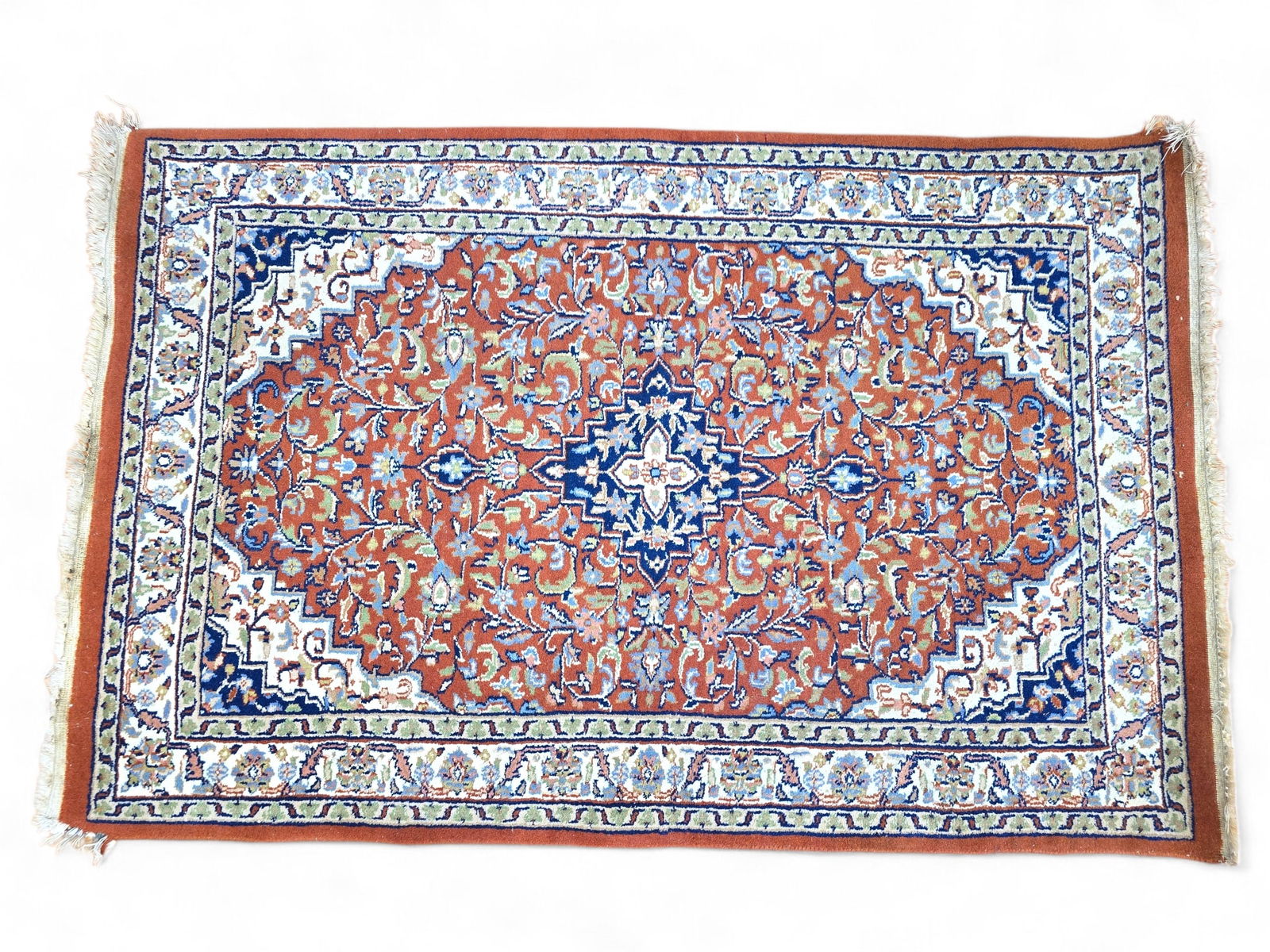 Vintage Kashmir Kashan Oriental Area Rug - 60" x 39": The rug in being offered fresh from a local estate, the condition appears to be overall good showing expected ware from general age and use. See lot photos for more details on the rug and its overall