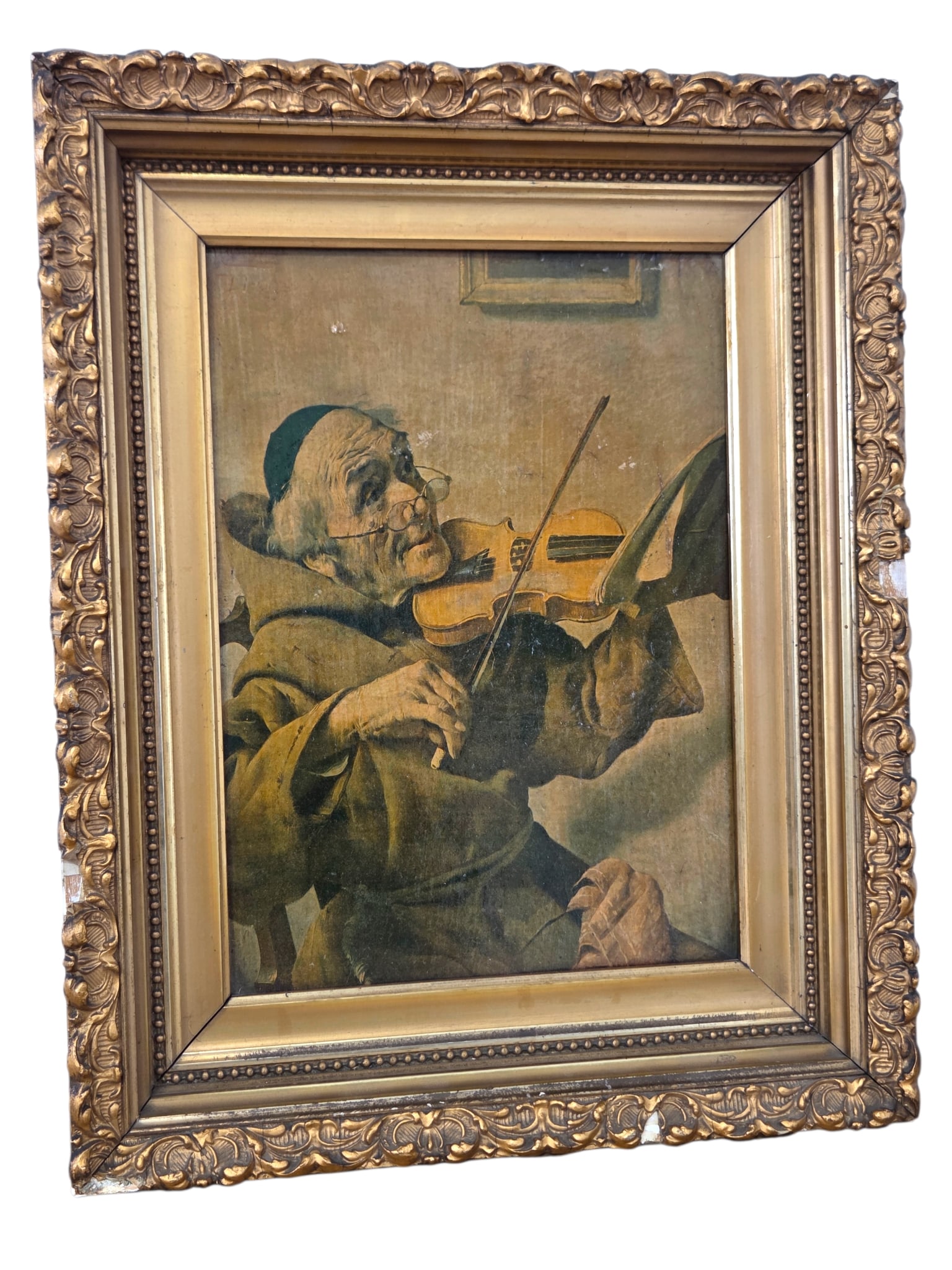 Italian Monk Portrait Print in Ornate Gilt Frame:  Print depicting a monk playing a violin housed in an ornate moulded gilt frame. The print reads "Firenze" in the top left corner. Wear consistent with age including some cracking and chipping t