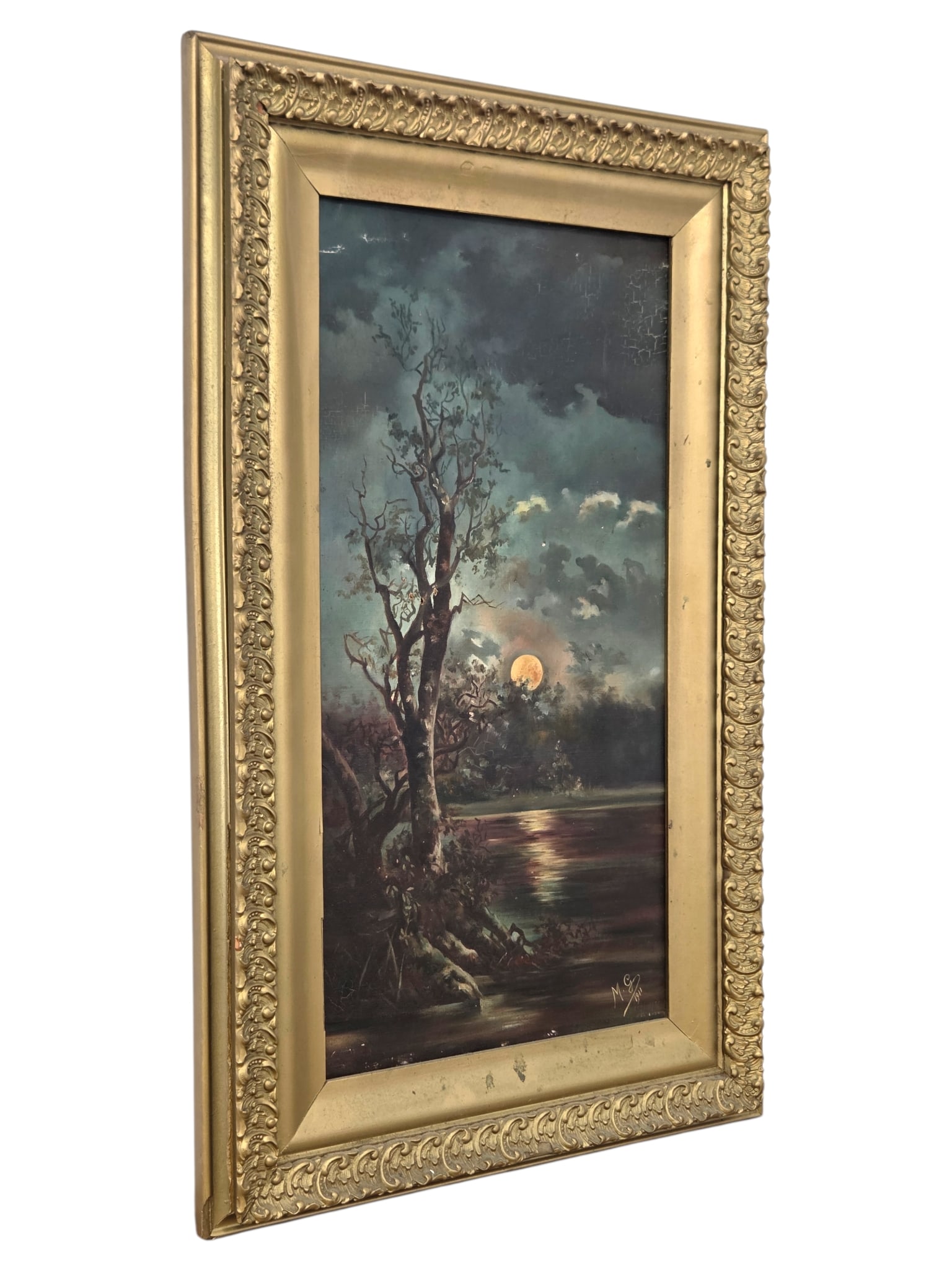 Antique 1911 Dusk Landscape Scene - Signed & Dated:  Oil on canvas depicting a beachside scene at dusk with a tree in the foreground and a full moon. Signed "M. G" and dated "1911" in lower right corner. Housed in an ornate gold painted wood fram
