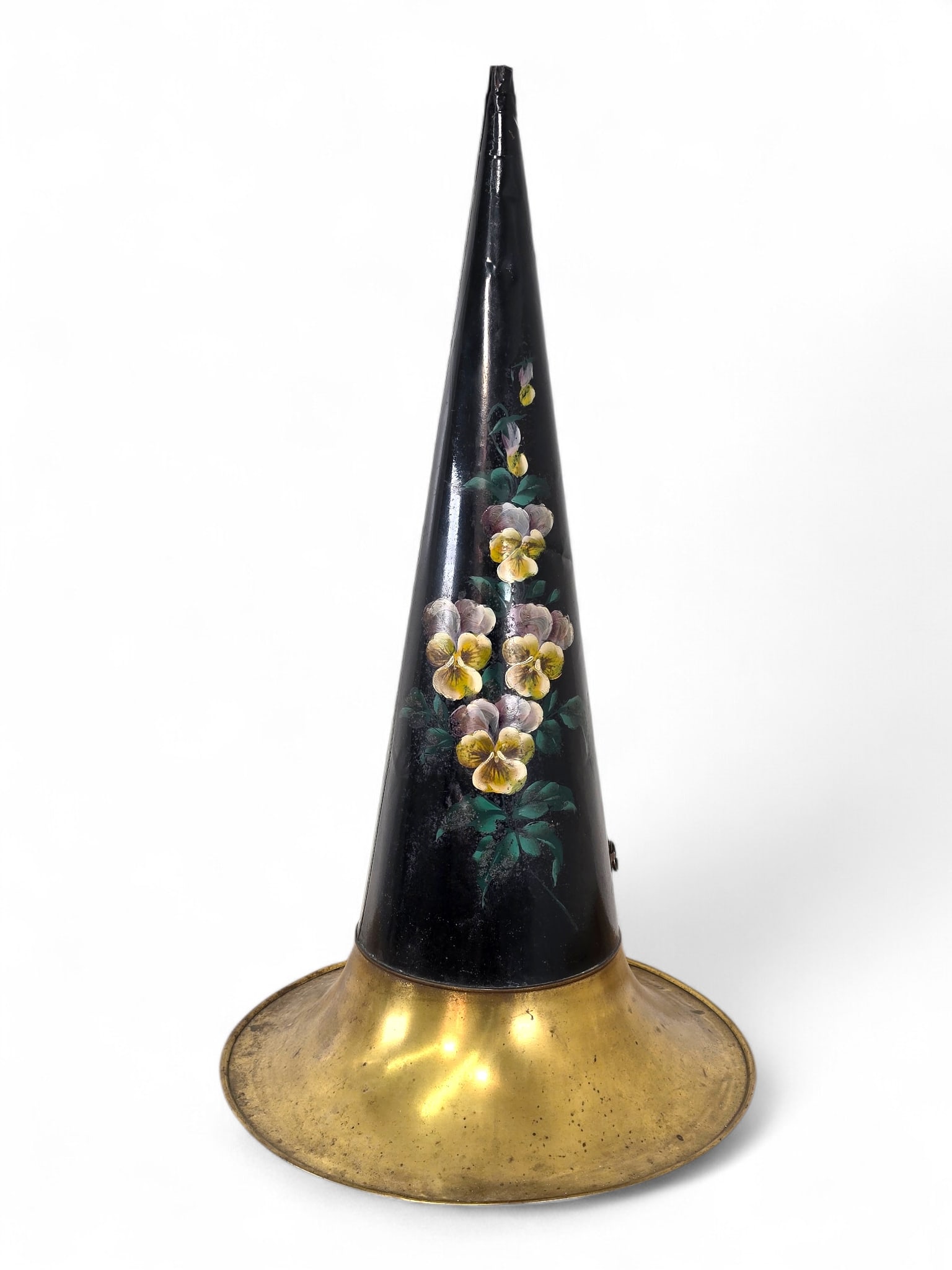 Original Antique Floral Painted Phonograph Horn - Parts & Restoration: Antique phonograph horn offered in estate-found condition. The horn shows wear consistent with age and use, including dents, dings, bends, and general surface wear. The