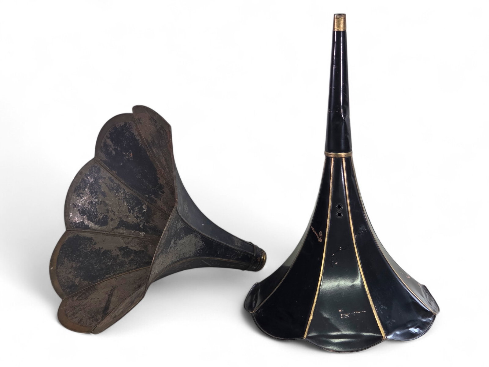 Pair of Original Antique Phonograph Horn - Parts & Restoration: Antique phonograph horns offered in estate-found condition. The horns shows wear consistent with age and use, including dents, dings, bends, and general surface wear. Th