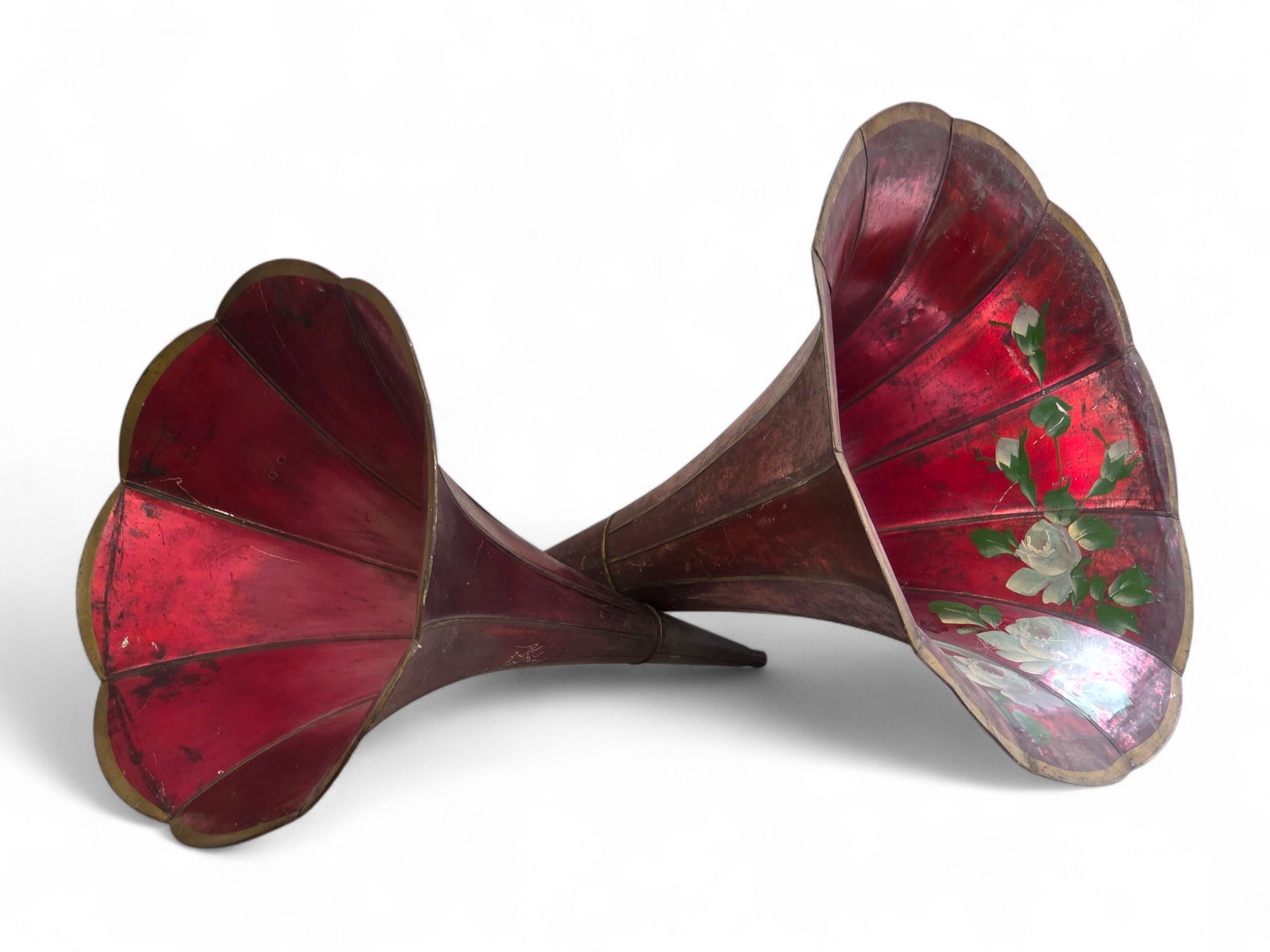 Pair of Original Antique Morning Glory Phonograph Horns - Parts & Restoration: Antique phonograph horns offered in estate-found condition. The horns shows wear consistent with age and use, including dents, dings, bends, and general surface wear. Th