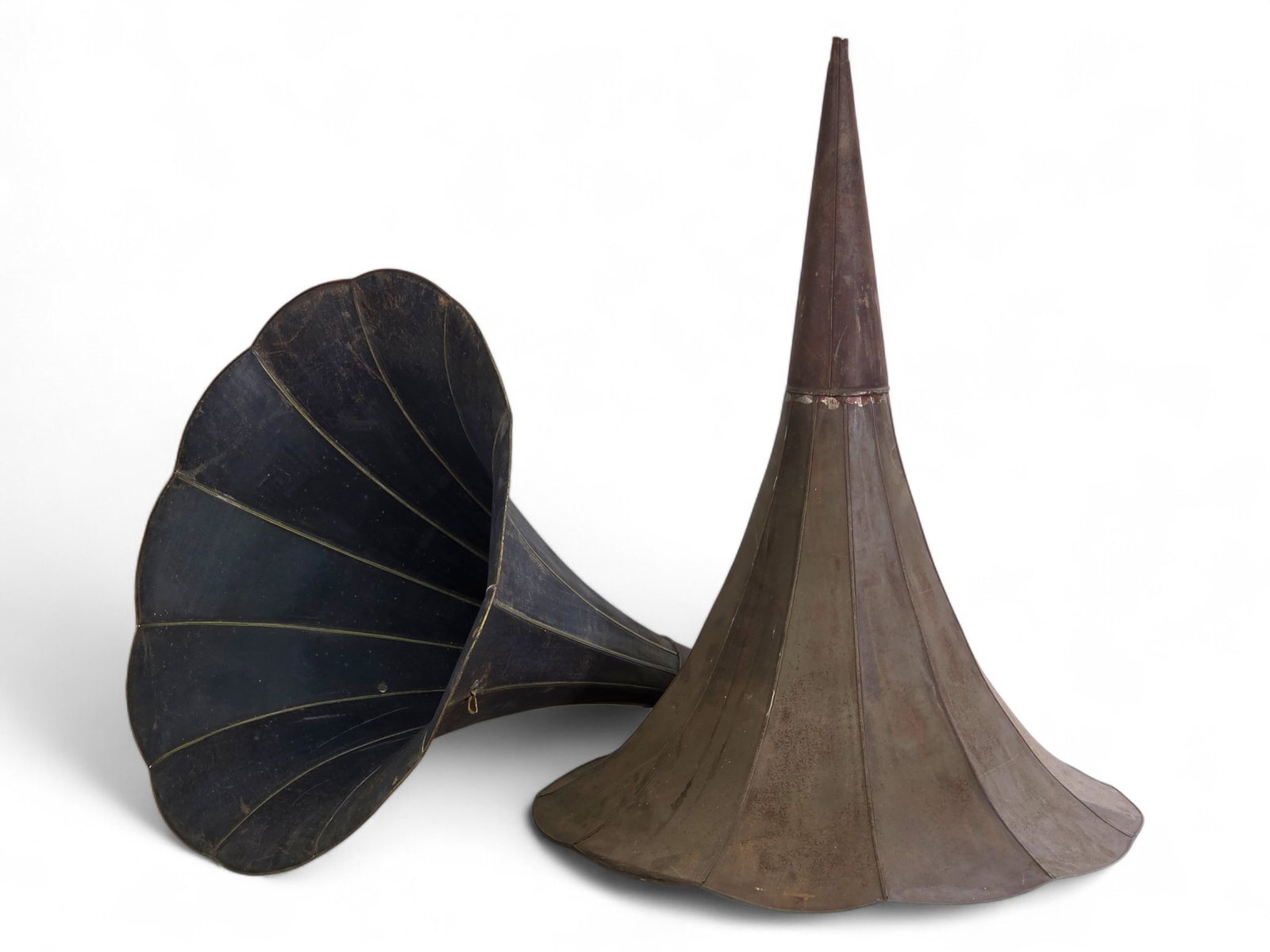 Pair of Original Antique Morning Glory Phonograph Horns - Parts & Restoration: Antique phonograph horns offered in estate-found condition. The horns shows wear consistent with age and use, including dents, dings, bends, and general surface wear. Th