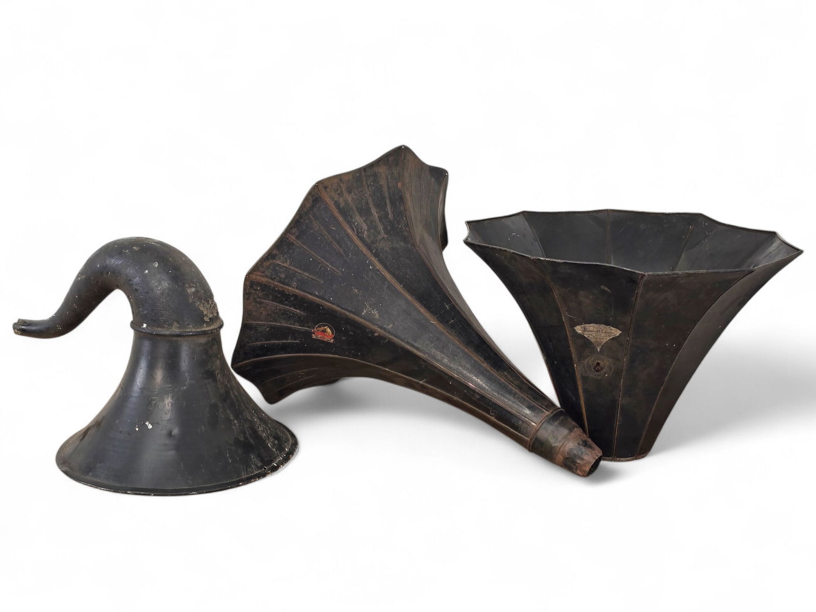 Lot of 3 Original Antique Phonograph Horns - Parts & Restoration: Antique phonograph horns offered in estate-found condition. The horns shows wear consistent with age and use, including dents, dings, bends, and general surface wear. Th