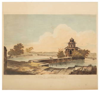 Hodges, William: 'A View of a Mausoleum at Etmadpoor': One of the earliest, large hand-colored aquatints on India. A View of a Mausoleum at Etmadpoor by William Hodges Hand-colored aquatint engraving, drawn on the spot & engraved by Hodges, printed for