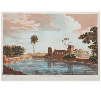 Hodges, William: "A View of Shekoabad': One of the earliest, large hand-colored aquatints on India A View of Shekoabad by William Hodges Hand-colored aquatint engraving, drawn on the spot & engraved by Hodges, printed for the author and pub