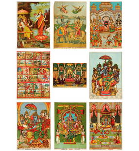 A Group of Nine Ravi Varma prints Ravi Varma Press: A Group of Nine Ravi Varma prints Ravi Varma Press (i) Shree Gensha Laxmi Size: 25 x 17.7 cm (10 x 7 Inches) (ii) Hari Har Bhent Size: 25 x 17.7 cm (10 x 7 Inches) (iii) Shree Setuband Rameshwaram Siz