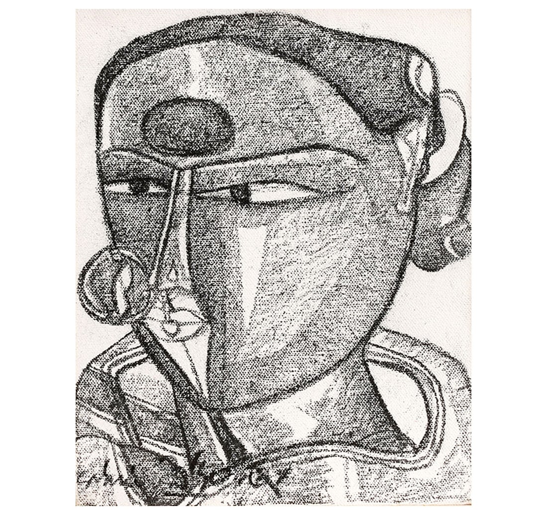 TELANGANA WOMAN BY: CHARCOAL ON CANVAS BY VAIKUNTAM, THOTA: Size: 19.8 x 24.7 cm (7.7 x 9.7 inches) Mount Size: 30.3 x 35.3 cm (11.9 x 13.8 inches) Frame Size: 33 x 38 cm (12.9 x 14.9 inches) Signed and dated by the artist: Signed and dated in Telugu (lower