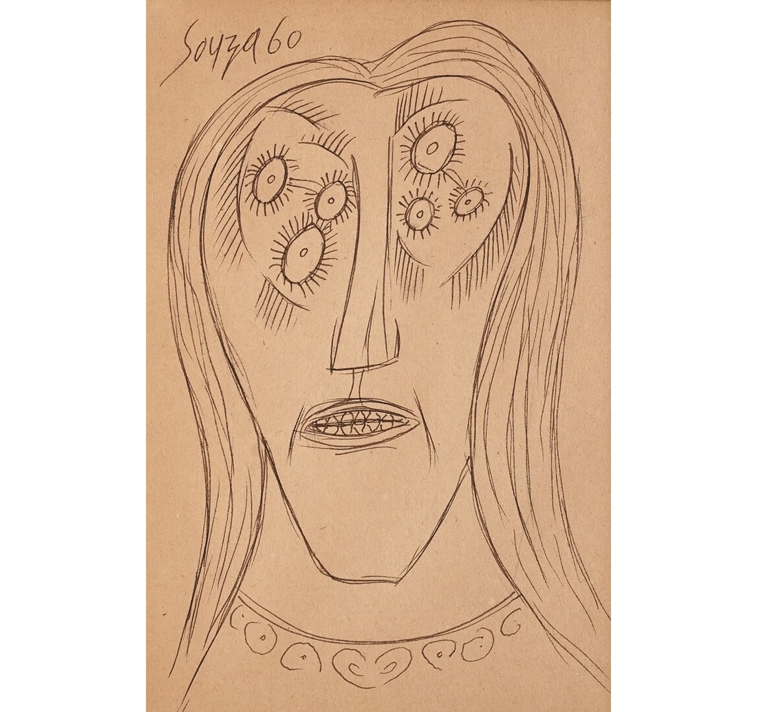 PEN & INK ON PAPER: UNTITLED (FACE STUDY) BY SOUZA, F. N.: Size: 11 x 17 cm (4.3 x 6.6 inches) Frame Size: 24.5 x 31.8 cm (9.6 x 12.5 inches) Signed and dated: 'Souza 60' (upper left) An untitled modernist ink drawing features an elongated head composed of