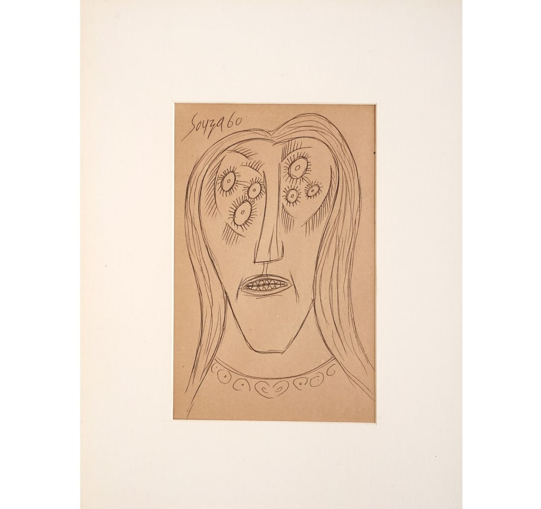 PEN & INK ON PAPER: UNTITLED (FACE STUDY) BY SOUZA, F. N. - 4