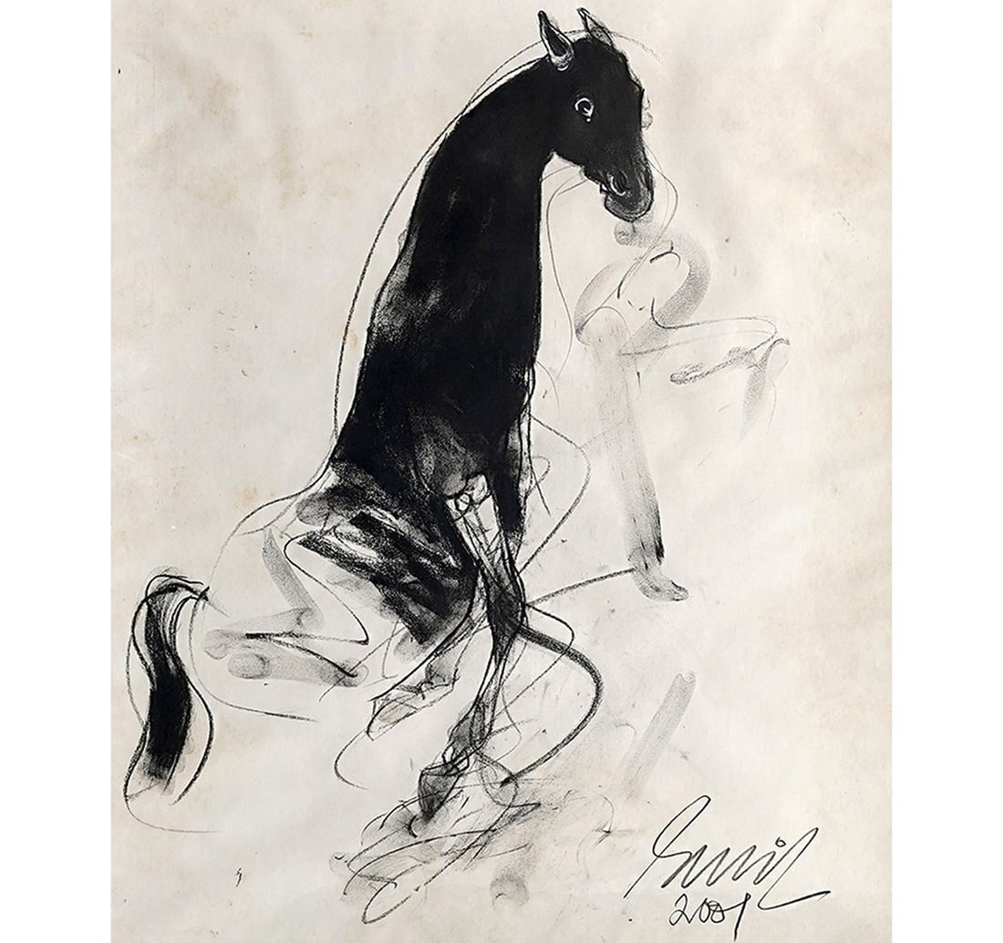 CHARCOAL ON PAPER: UNTITLED (HORSE) BY DAS, SUNIL: Size: 47.8 x 63.7 cm (18.8 x 25 inches) Mount/Sheet Size: 62 x 77.8 cm (24.4 x 30.6 inches) Frame Size: 69.5 x 85 cm (27.2 x 33.4 inches) Signed and Dated by the Artist Signed 'Sunil 2001' (lower righ