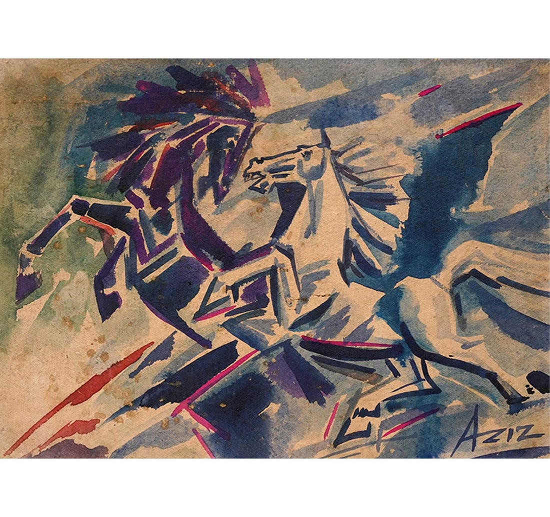 WATERCOLOUR ON PAPER: UNTITLED (HORSE) BY AZIZ: Size: 26.8 x 37 cm (10.5 x 14.5 Inches) Frame Size: 30 x 40 cm (11.8 x 15.7 Inches) Signed 'Aziz' (lower right) The work by Indian artist Aziz exemplifies his signature exploration of equine form