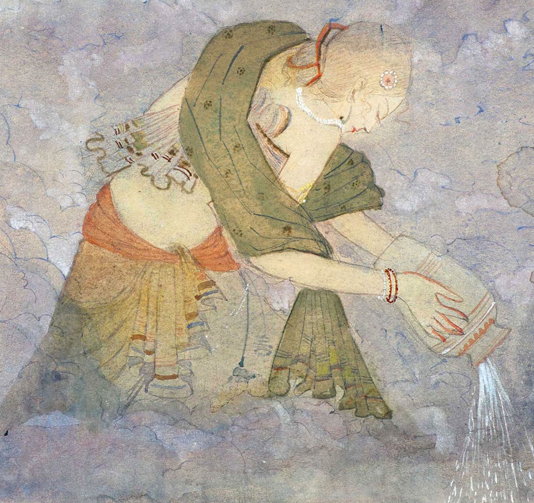 WATERCOLOUR ON PAPER ATTRIBUTED TO RAMGOPAL VIJAY VARGIYA: UNTITLED (LADY): Size: 24.9 x 25.5 cm (9.8 x 10 inches) Executed in a minimalist watercolour style, this work is rendered in soft, subtle, muted tones. Ram Gopal Vijayvargiya, a master of the wash technique, employs