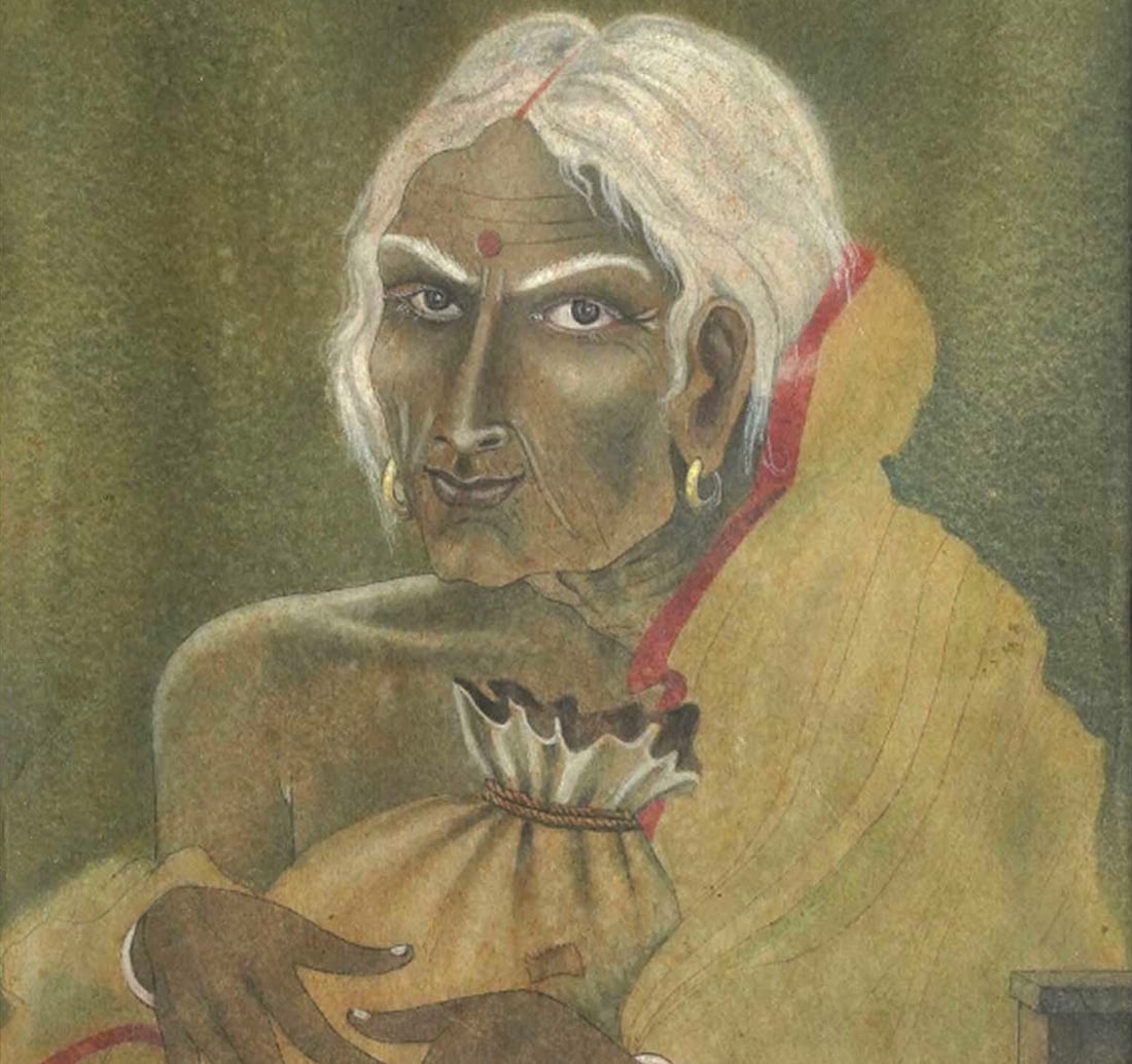 WATER COLOR AND WASH ON PAPER BY BANERGEE, DILIP. PORTRAIT OF THE OLD WOMAN: Size: 31 x 23.8 cm (12.2 x 9.3 inches) Mount/Sheet Size: 45.4 x 35.8 cm (17.8 x 14 inches) Frame Size: 51.5 x 41.9 cm (20.2 x 16.4 inches) Signed by Artist Bottom Left Corner Bengal Art School