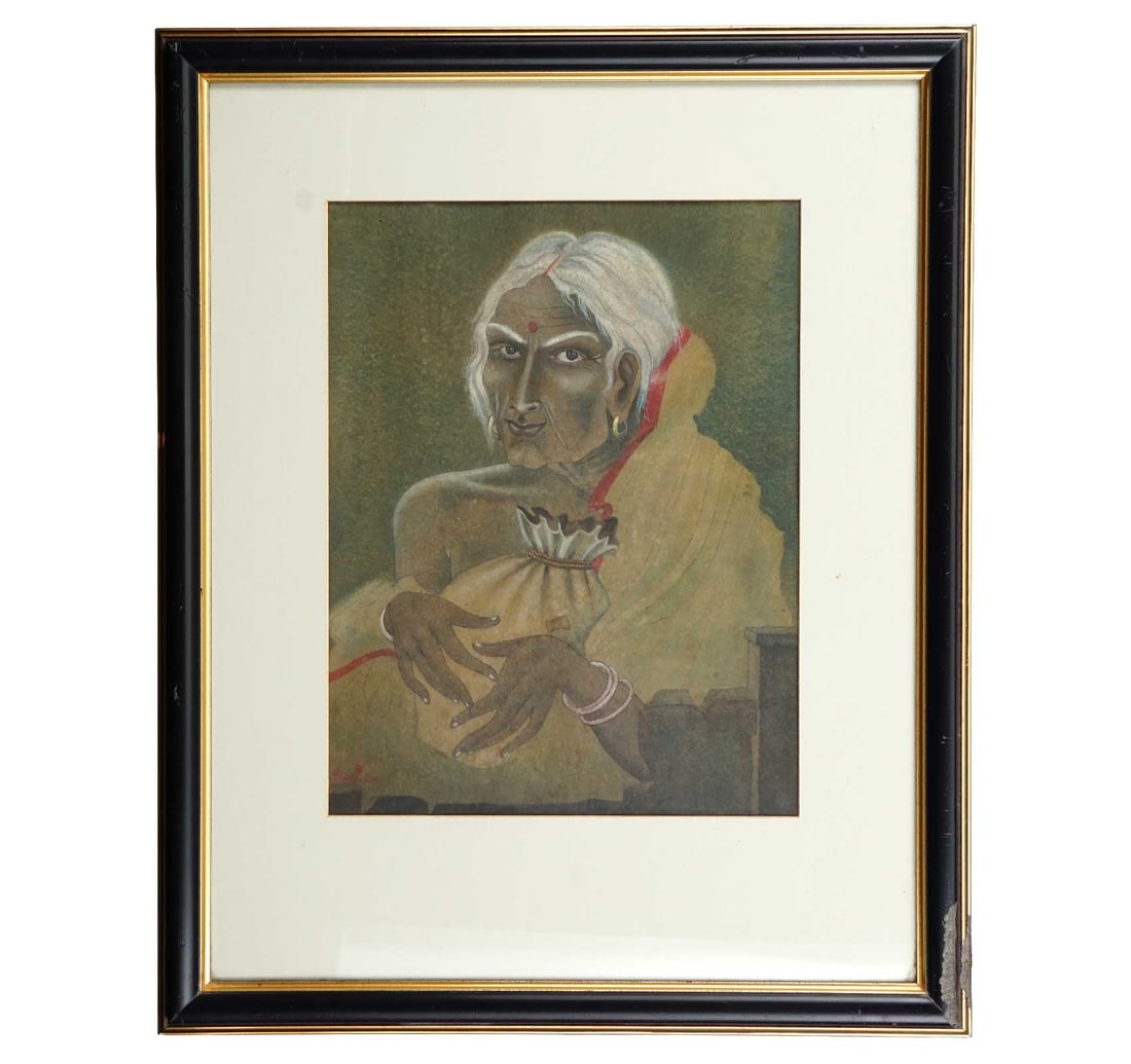 WATER COLOR AND WASH ON PAPER BY DILIP BANERJEE. PORTRAIT OF THE OLD WOMAN - 2
