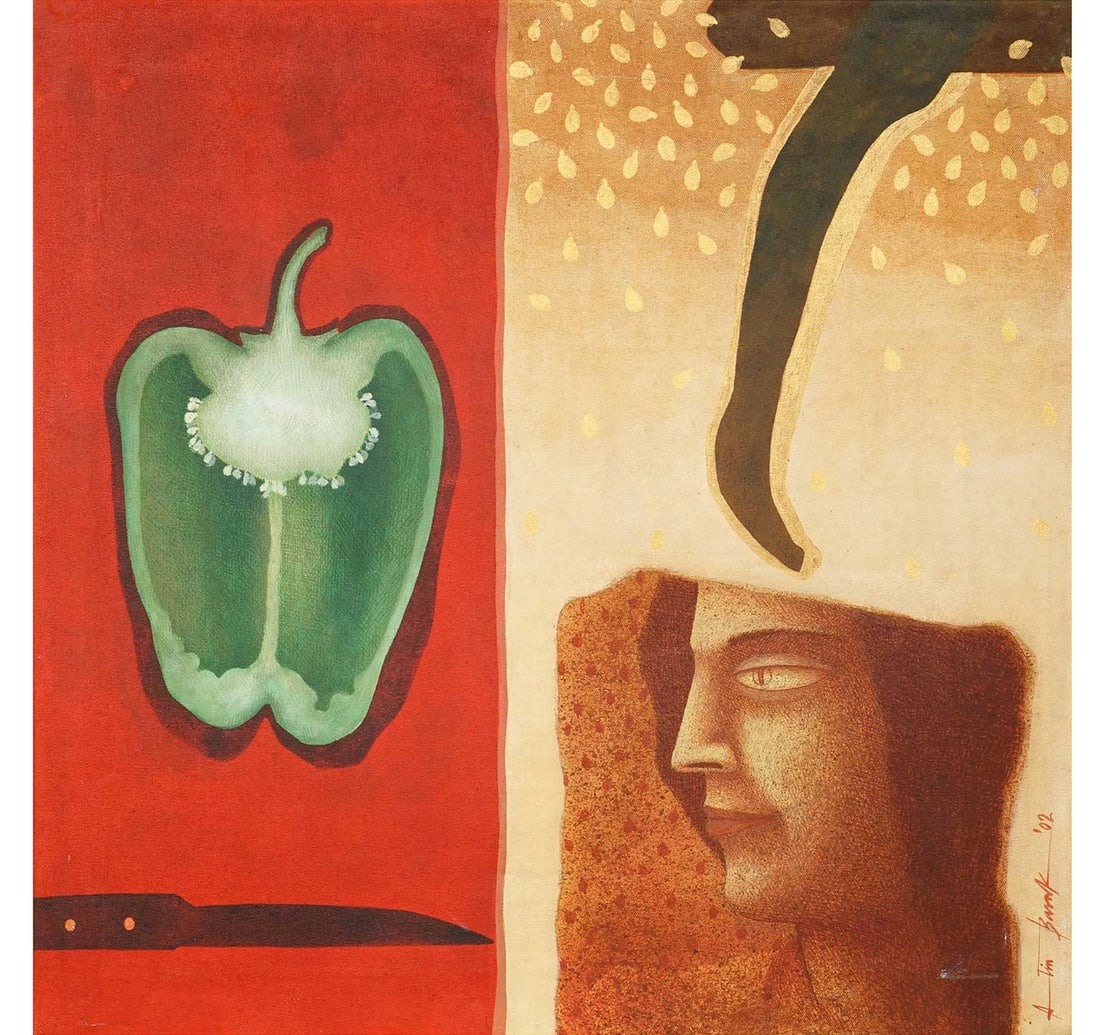 ACRYLIC ON CANVAS BY BASAK, ATIN. SHARP KNIFE AND THE SEEDS RAIN: Size: 59.7 x 59.6 cm (23.5 x 23.4 inches) Frame Size: 64 x 63.9 cm (25.2 x 25 inches) Signed and dated by the artist Signed and dated Atin Bask '02' (lower right); inscribed ATIN BASAK/ SHARP KNIFE