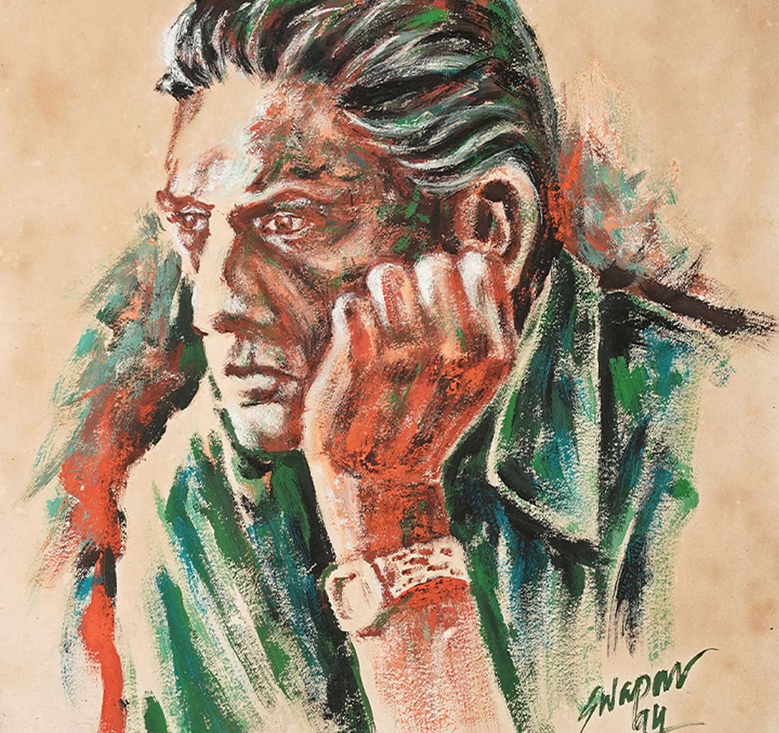 WATERCOLOUR ON PAPER PORTRAIT OF SATYAJIT RAY BY SWAPAN: Size: 24.7 x 29.4 cm (9.7 x 11.5 inches) Frame Size: 27.8 x 32.5 cm (10.9 x 12.7 Inches) Signed and dated 'Swapan/ 94' (lower right) This colorful portrait of legendary filmmaker Satyajit Ray. it is