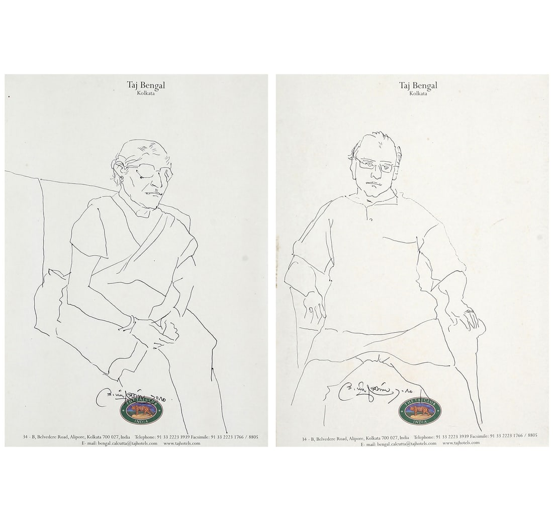 PEN & INK ON PAPER SKETCHES OF SEATED WOMAN & MAN BY GOUD, LAXMA: Year: 2010 Size: 19.8 x 27.5 cm (7.7 x 10.8 inches) Mount/Sheet Size: 31.7 x 41.6 cm (12.4 x 16.3 inches) Signed and dated in Telugu ( lower centre) This pair of line drawings by Laxma Goud, on Taj