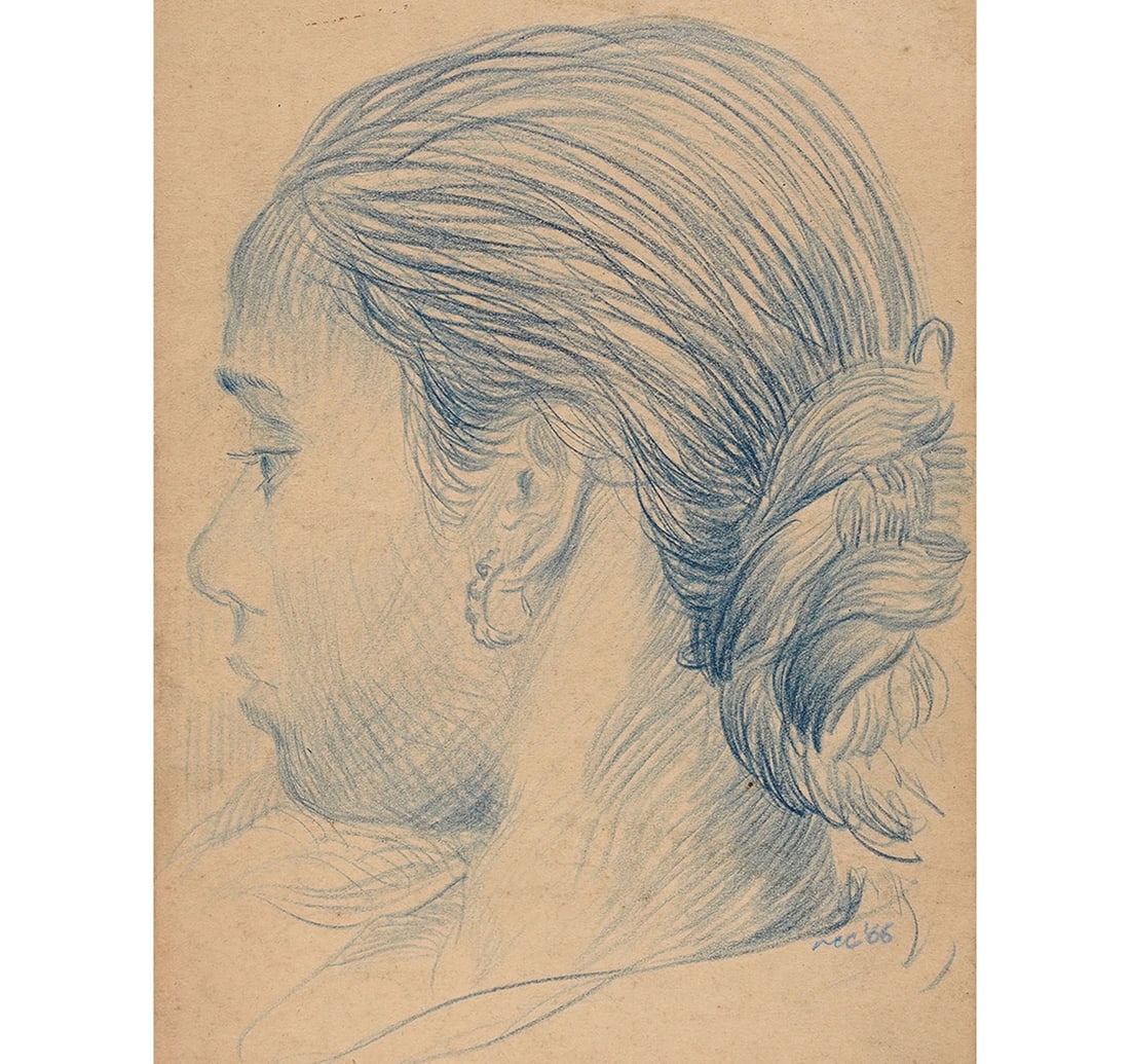 PASTEL ON PAPER SKETCH: Size: 17.3 x 25.5 cm (6.8 x 10 Inches) Mount/Sheet Size: 28.5 x 38.5 cm (11.2 x 15 Inches) Frame Size: 31.8 x 41.4 cm (12.5 x 16.2 Inches) Dated 'Dec'66' (lower right) This monochromatic profile
