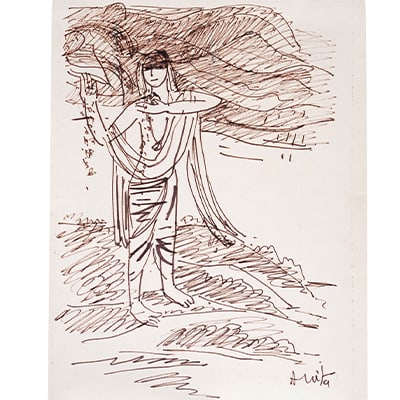 INK ON PAPER LINE DRAWING BY CHAUDHURY, ANITA ROY: Size: 20.8 x 29.4 cm (8 x 11.5 Inches) Mount/Sheet Size: 28.9 x 39 cm (11.3 x 15.3 Inches) Frame Size: 31.7 x 42 cm (12.4 x 16.5 Inches) Signed 'Anita' (lower right) This expressive ink sketch by
