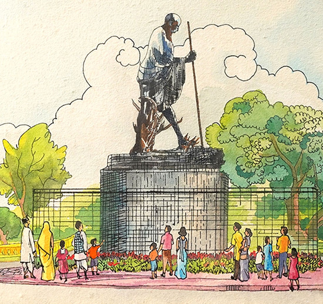 MAHATMA GANDHI STATUE AT MARINA BEACH IN CHENNAI: WATERCOLOUR AND INK ON PAPER BY SEN, SHYAMLAL: Year: 2004 Size: 24.7 x 34.2 cm (9.7 x 13.4 Inches) Mount/Sheet Size: 37.8 x 45.3 cm (14.8 x 17.8 Inches) Frame Size: 41 x 48.5 cm (16.1 x 19 Inches) Signed and dated 'Shyamlal Sen/ 2004' (lower