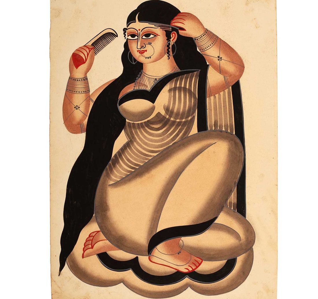 KALIGHAT PAINTING: A LADY COMBING HER HAIR: Size: 33 x 46 cm (12.9 x 18.1inches) The painting portrays a Nayika (heroine or elegant woman) dressing her hair, a highly popular secular theme in Kalighat art often referred to as "Woman Combing