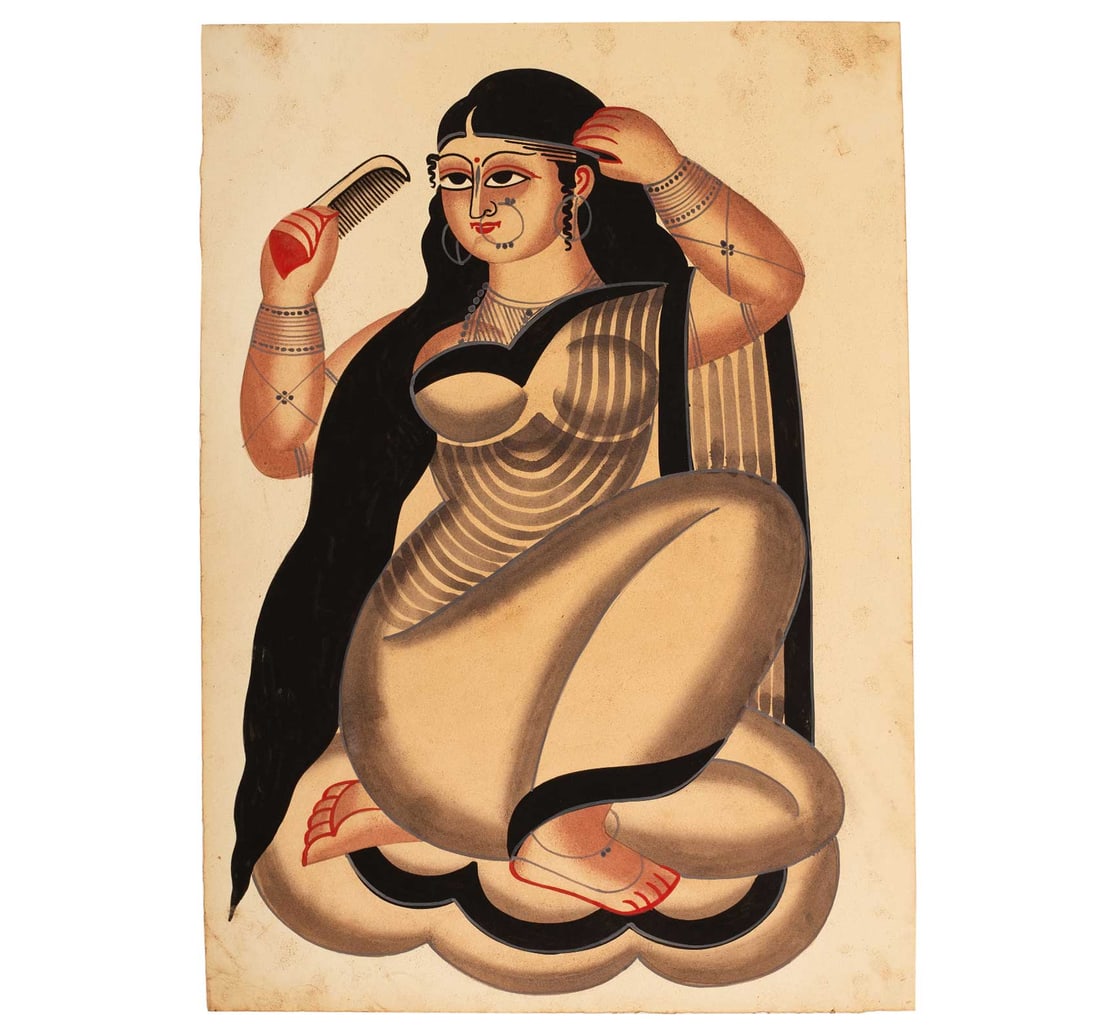 KALIGHAT PAINTING: A LADY COMBING HER HAIR - 2